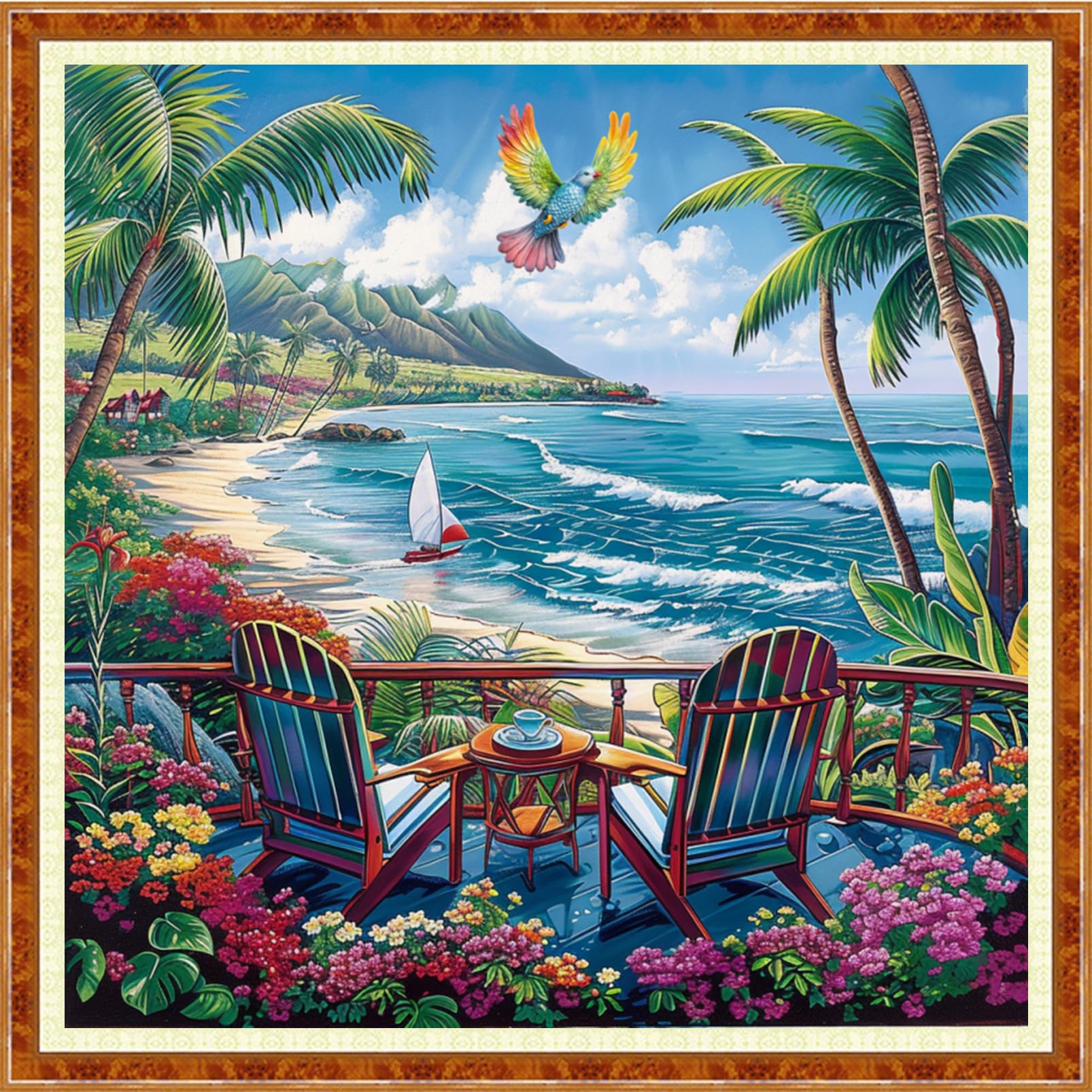 Joyhoor Stamped Cross Stitch Kits for Beginners Needlepoint Kits for Adults Embroidery Kits 11CT Counted Cross Stitch Kits Printed Embroidery Pattern-Rest Drink Tea by Seaside 18x18 inch