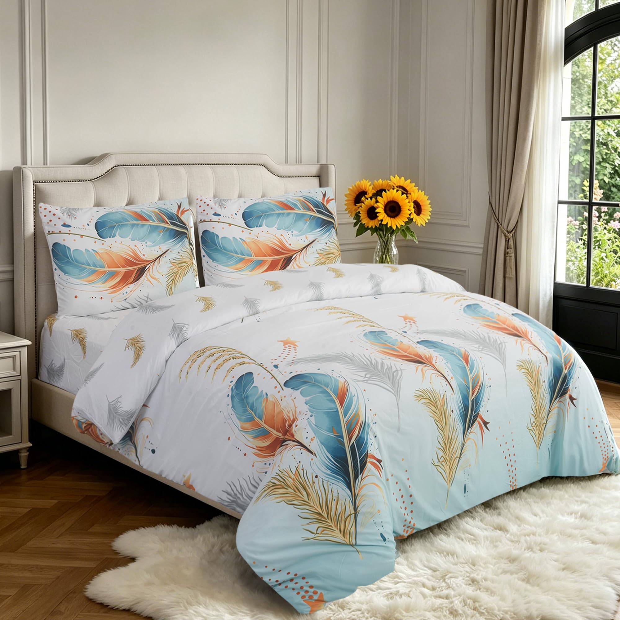 Hadi London 4 PCS 3D Printed Bedding Set with Fitted Sheet Pillowcases Soft Microfiber Duvet Cover Set Luxury Printed Quilt Cover for Single Double King Super King (Golden Feather 3D, DOUBLE)