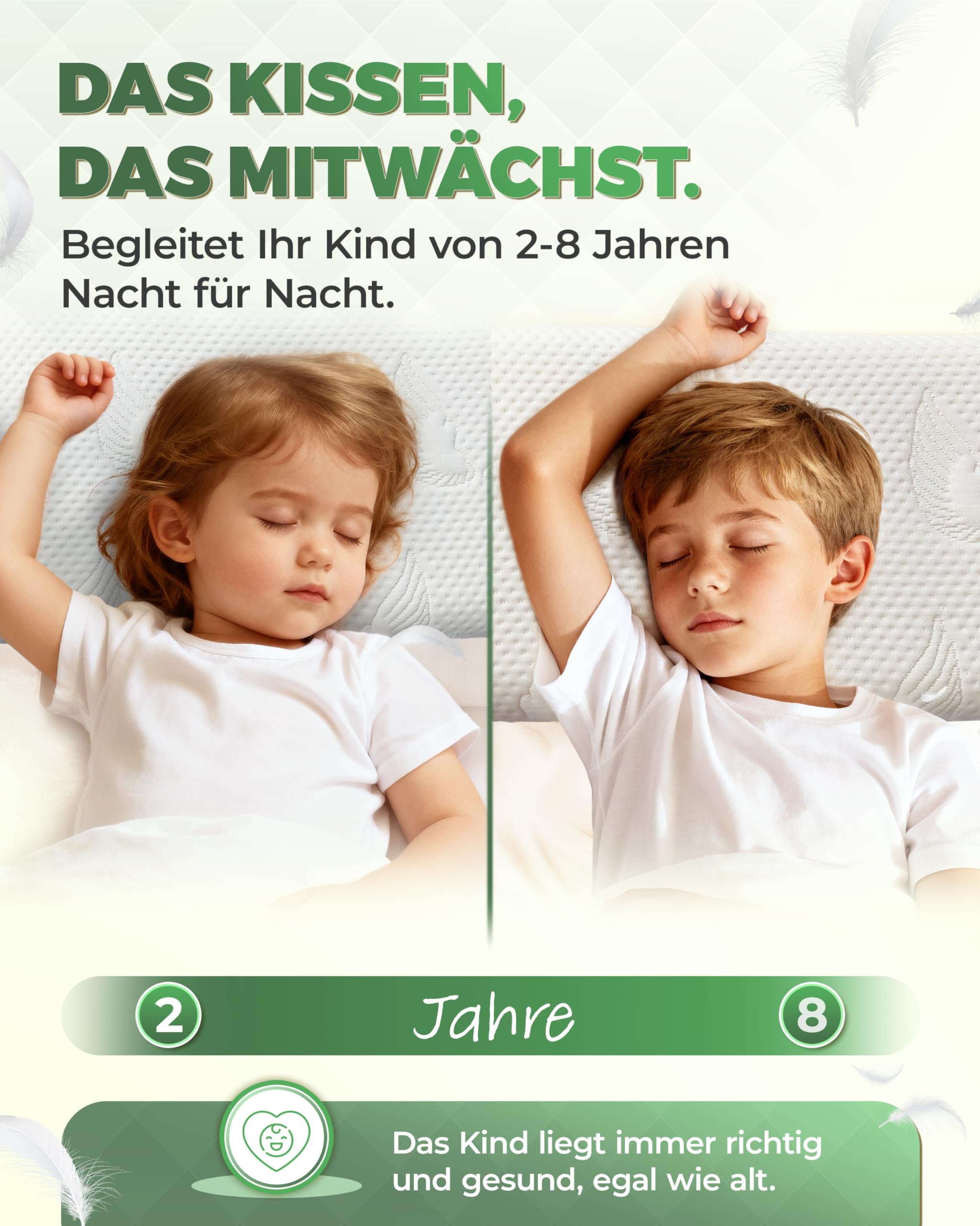 Welldora Kinderkissen Memory Foam 30x50 cm ergonomisches Kopfkissen für Kinder 2-8 Jahre mitwachsend atmungsaktiver 3D-Tencel-Bezug Oeko-TEX zertifiziert