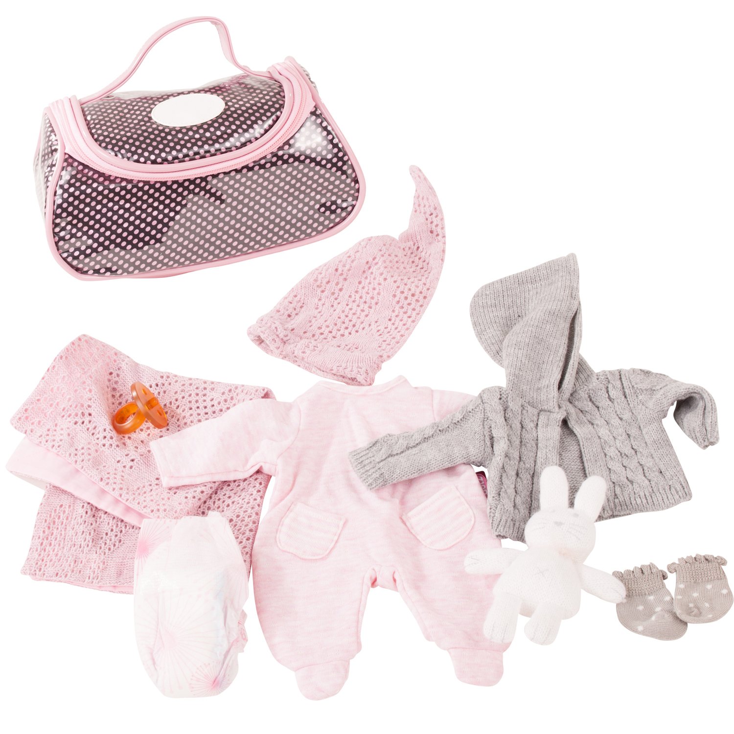 Götz 3402832 Großes Babyset Cosy Rabbit Babypuppen Gr. S 30-33 cm 10-TLG | Puppenkleidung für Puppen, mit Strampler, Mütze, Strickjacke, Tasche, Kuscheldecke, Hase, Windel und Schnuller, ab 3 Jahren