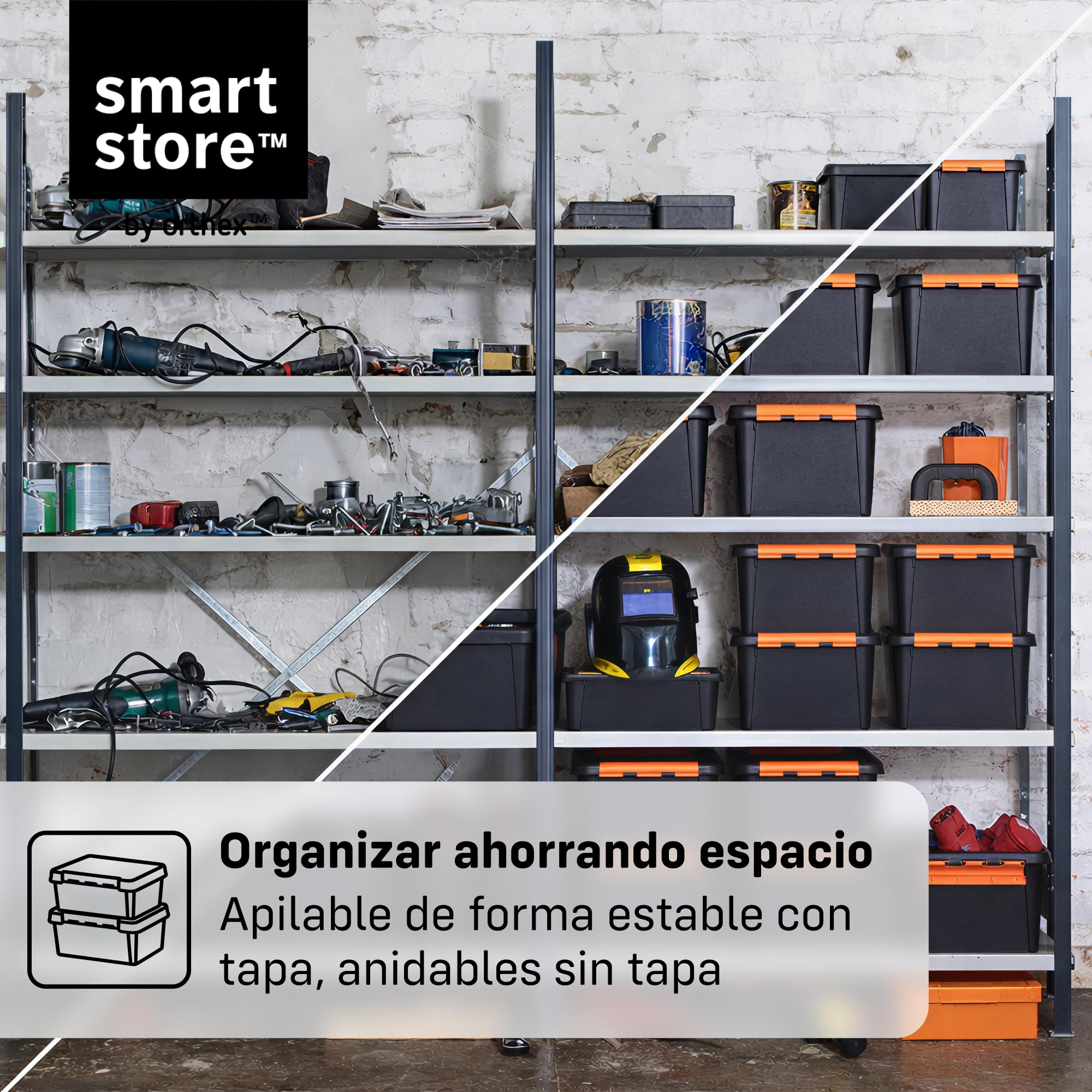 SmartStore Caja Almacenaje Resistente con Tapa I 31L I Pack 6 Cajas Apilables I Garaje Taller Mudanza I Cierre Clip I Made in Sweden I Negra I 50 x 39 x 26 cm