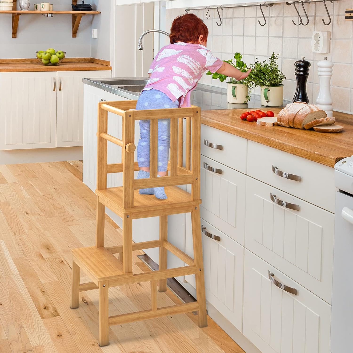 COSYLAND Kids Kitchen Step Stool?Toddler Standing Tower with CPC Certification, Removable Anti-Drop Railing Safety Rail Enjoys Unique Patented Design A Anti-tip Structure More Stable, Natural Bamboo