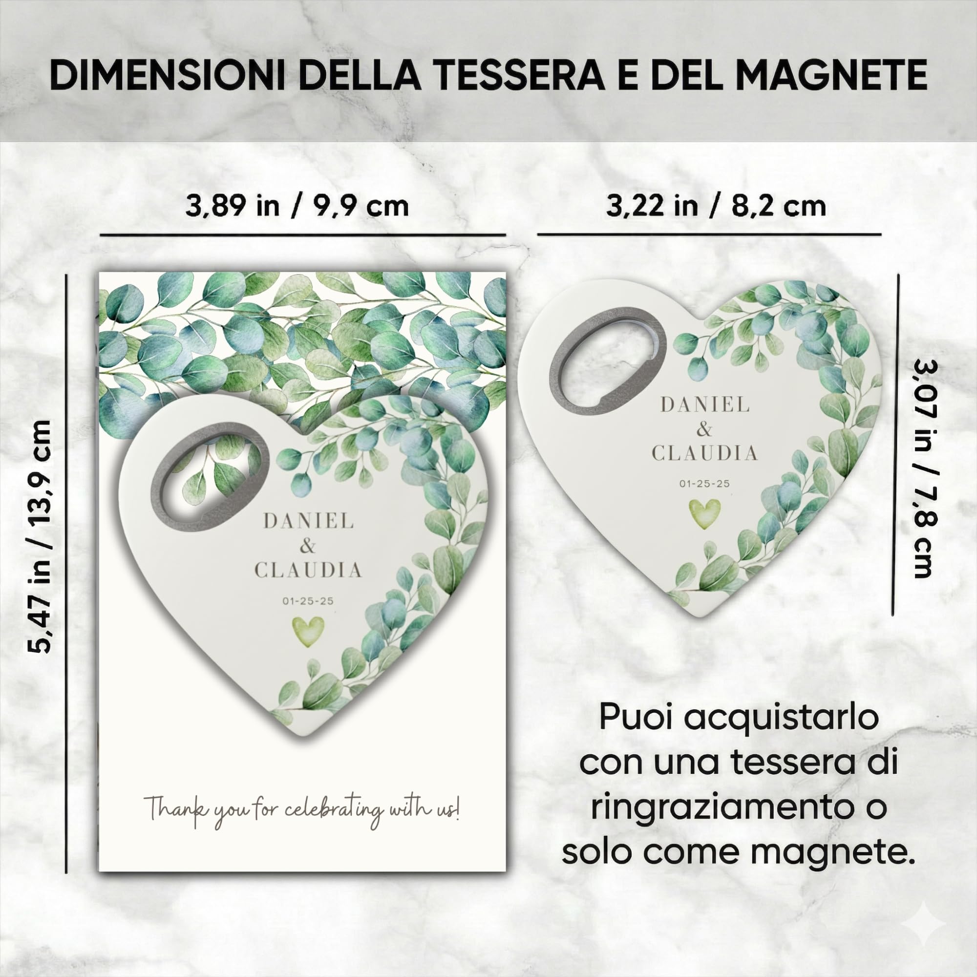 Bomboniere matrimonio personalizzate, calamita apribottiglie a forma di cuore con biglietto di ringraziamento, regalo per invitati e festa di (Apribottiglie + biglietto di ringraziamento)(Set da 30)