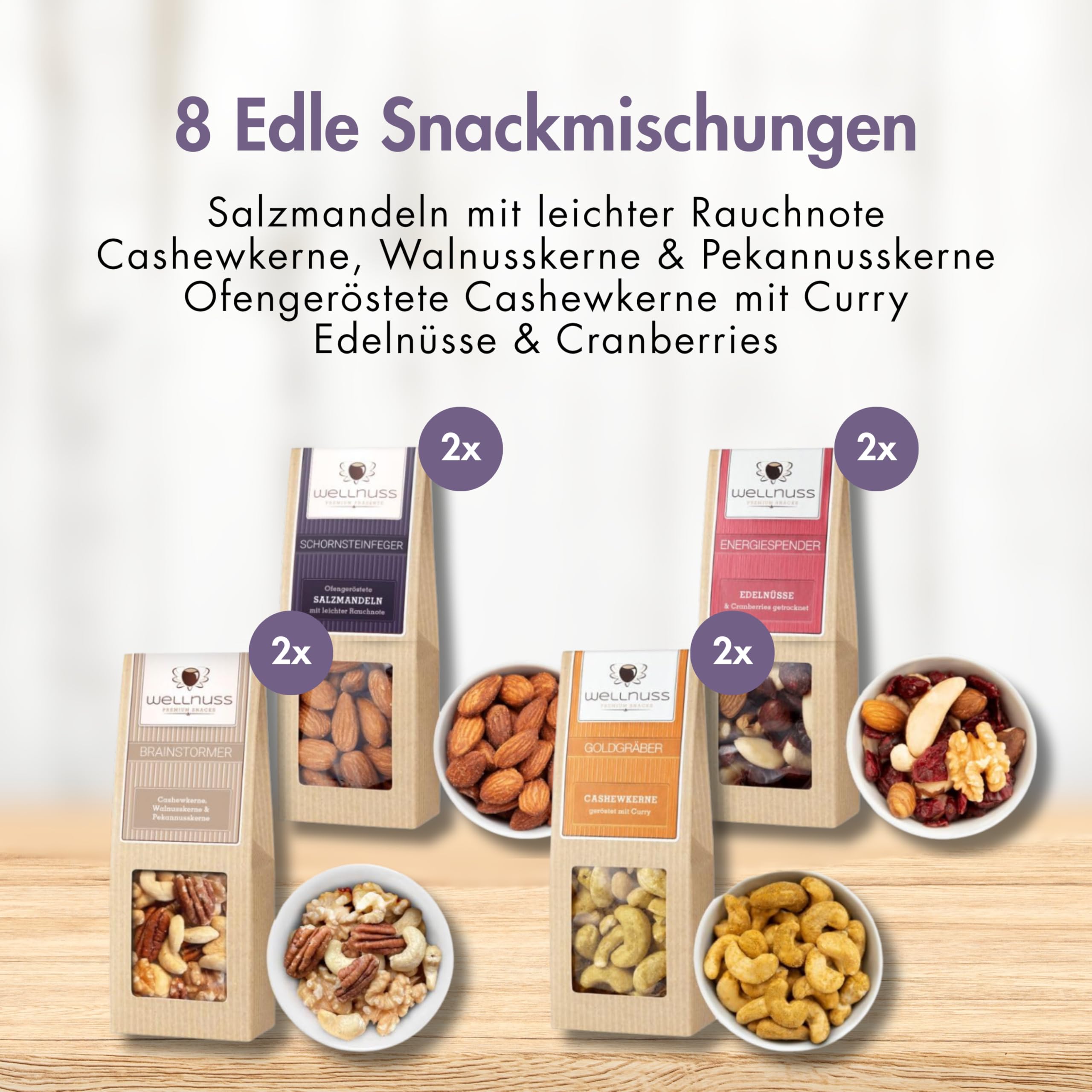 WELLNUSS Geschenkset für Männer Herrenabend mit edlen Nussmischungen 8 Premium Snacks in Birkenholzbox 8x60g Vegan