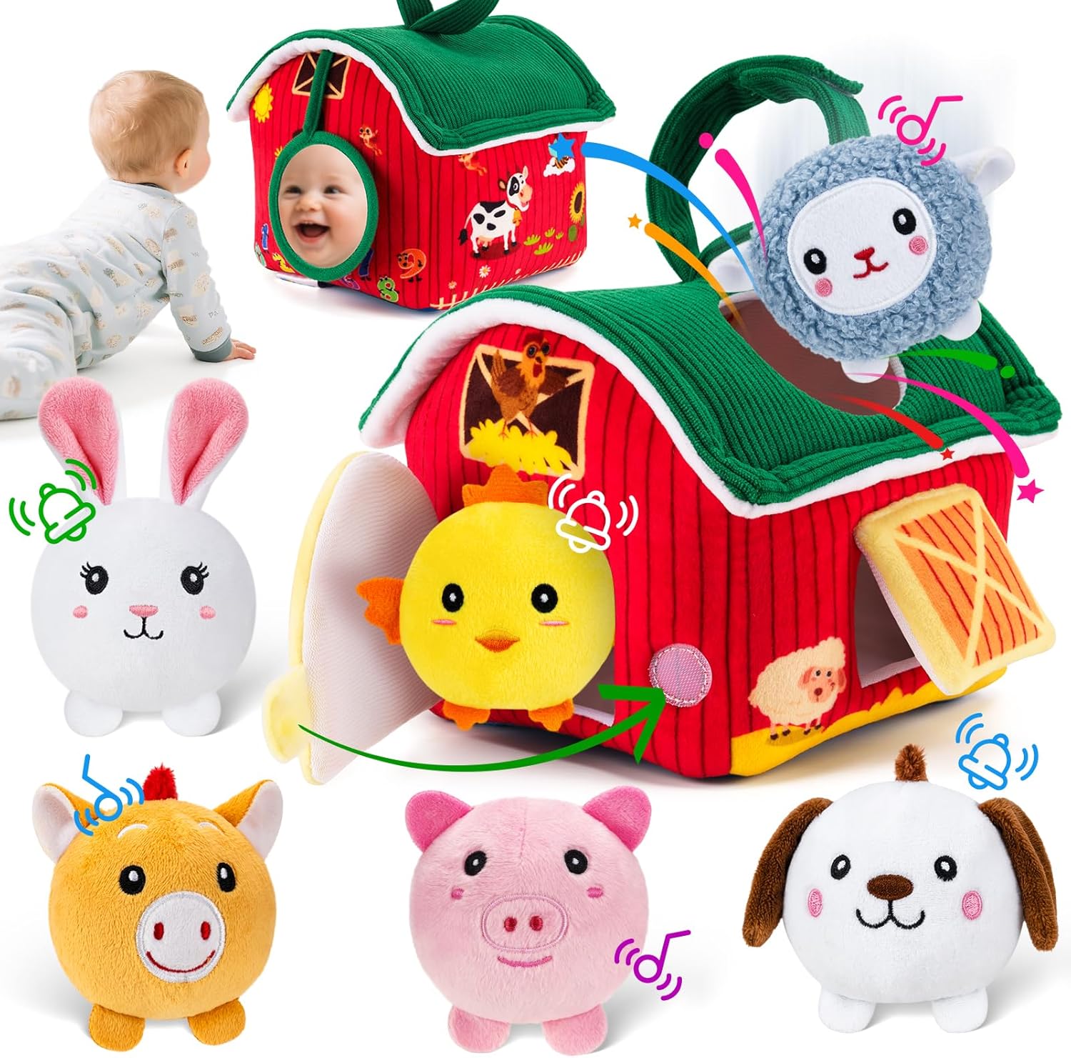 Baby Toys 6-12 Months, Barn Toy with Stuffed Farm Animals – Rattle, Crinkle Paper, Montessori Toys for 1 Year Old, Sensory Toy for Toddlers 1-3 Birthday
