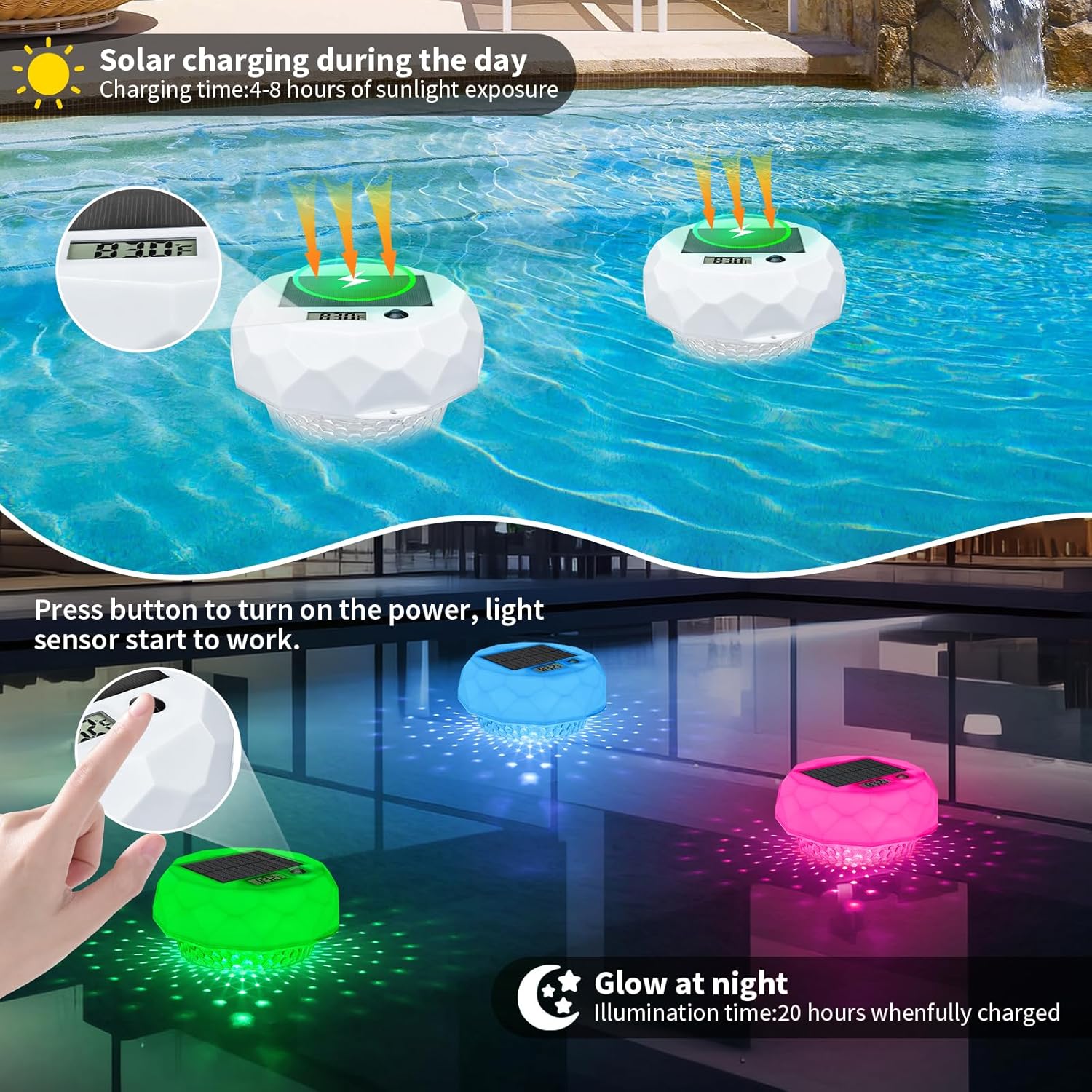 Qoolife Pool Chlorine Floater with Thermometer Solar Light, Chlorine Floater for Pond Fit 1" and 3", Floating Dispenser with Remote and Adjustable for Pool Spa Hot Tub