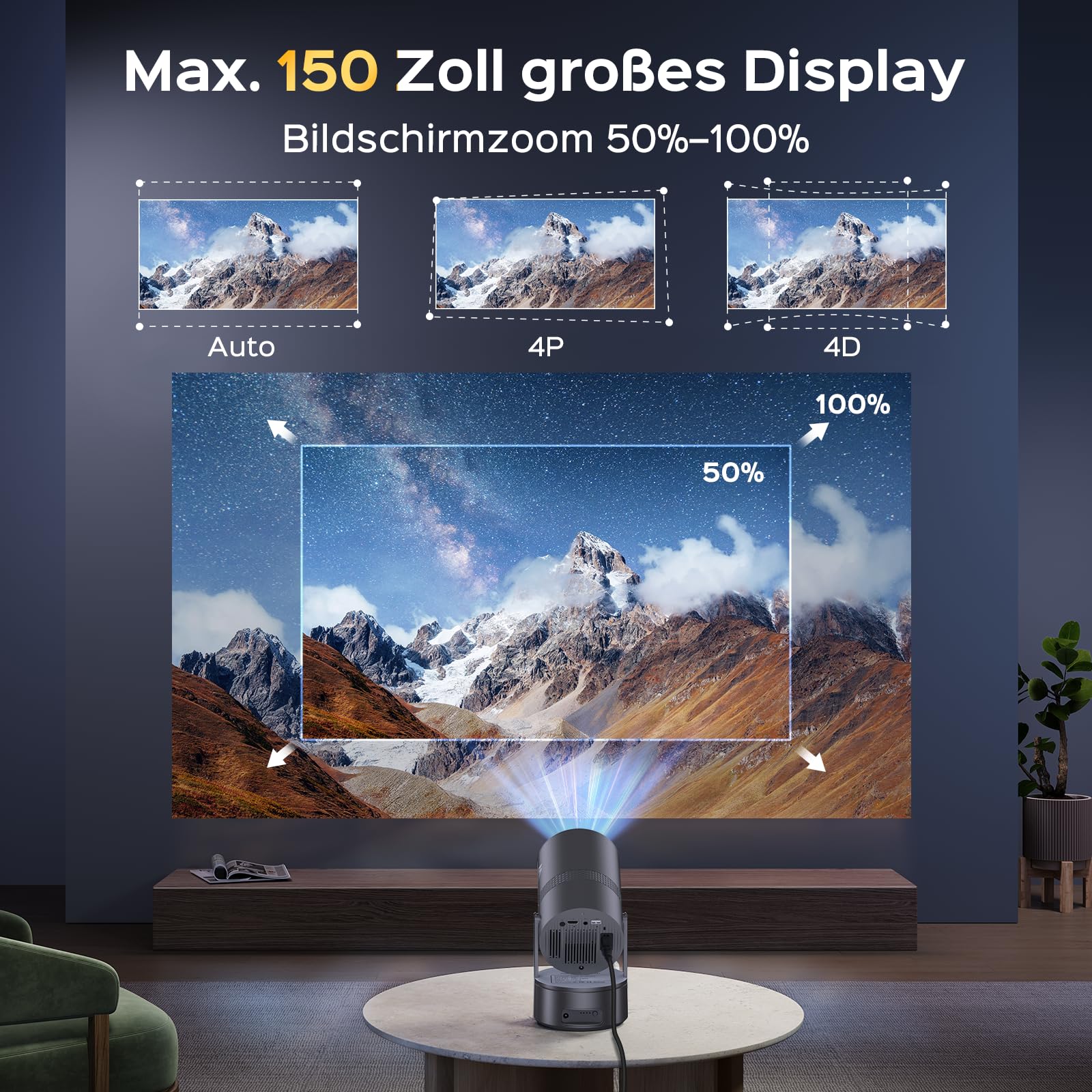 [Batterie intégrée] Aubor Mentech Mini vidéoprojecteur 4K Home Cinéma, Mini projecteur, vidéoprojecteur WiFi6 et BT5.2 avec Android OS, correction trapézoïdale automatique, angle de 180 degrés, écran