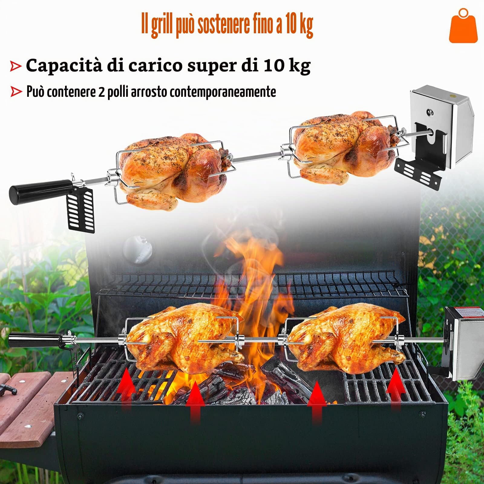 ACXIN Set spiedi elettrici in acciaio inox, 107 cm, motore, spilli da carne, spiedo girevole, griglia 2 forchette, per campeggio, feste, giardino, picnic (220-240V)