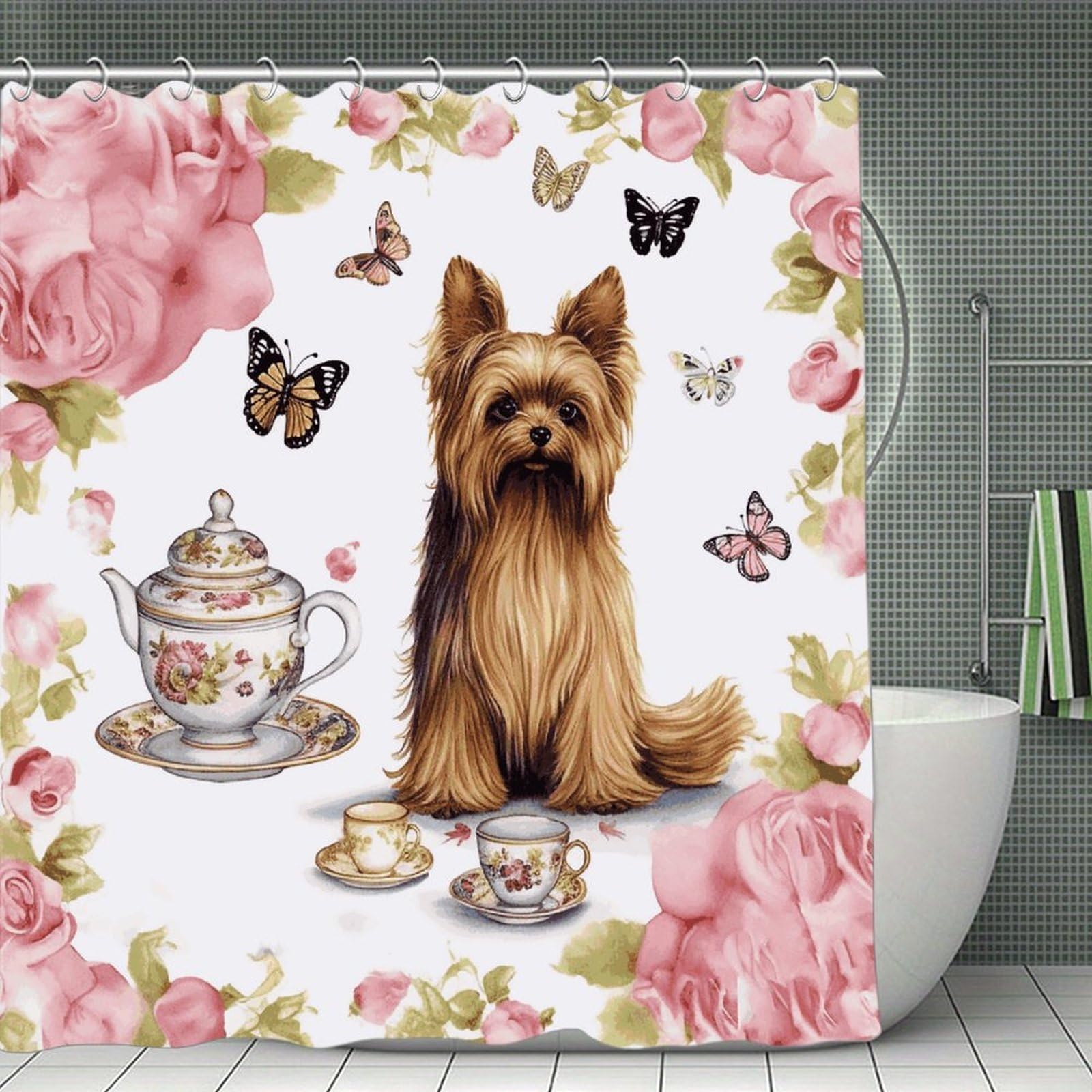 VstaDank Yorkshire Terrier Tea Party Butterflies Roses Shower Curtain Light-Weight Blackout Bathroom Curtain Washable Shower Liner 71x71 Inch Bath Curtain with Metal Holes Bathtub Bath Room