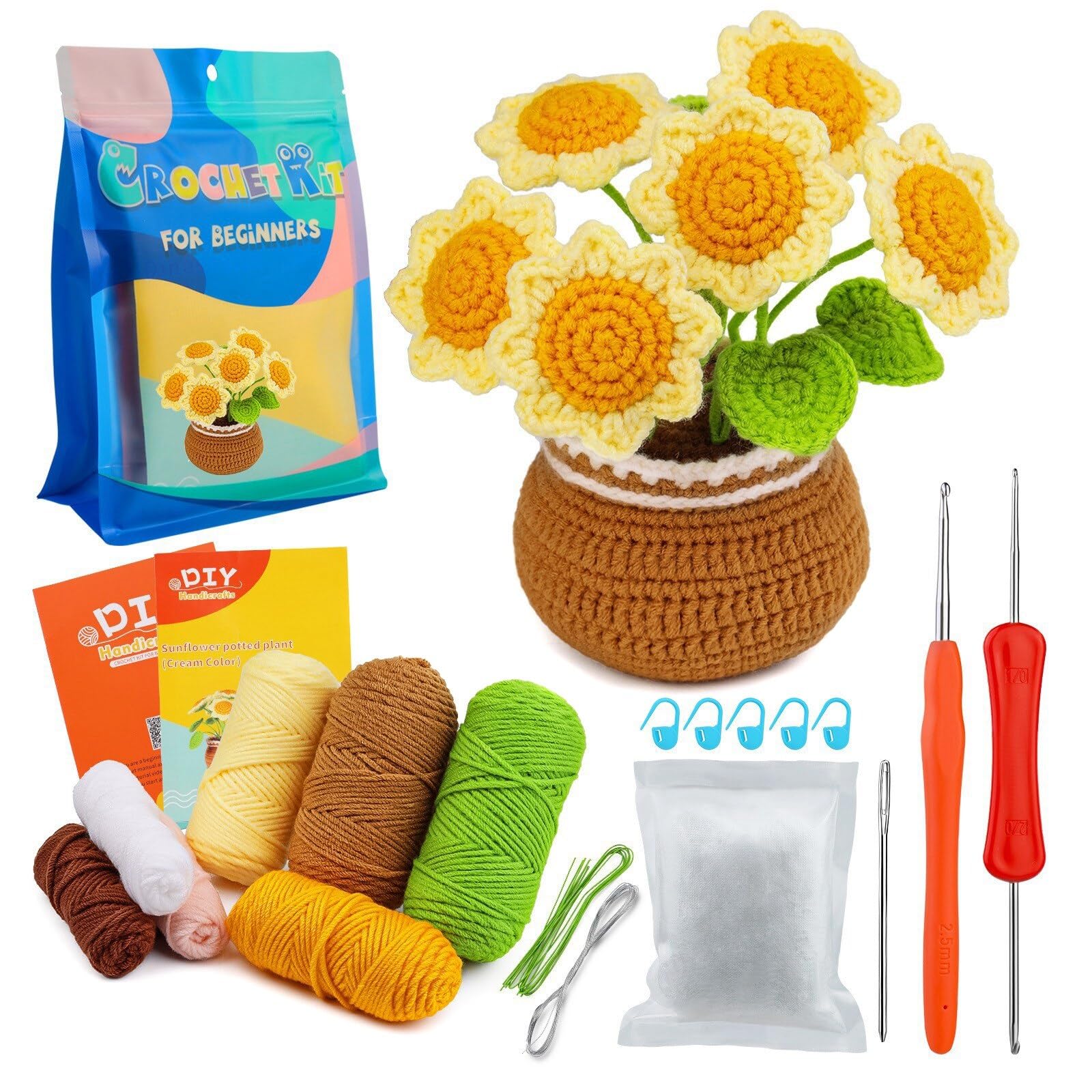 ISAKEN Crochet Kit for Beginners, Tulip Potted Plants Hooks Crochet Starter Kit, Tulip Potted DIY Crochet Kits with Step-by-Step Video Tutorials