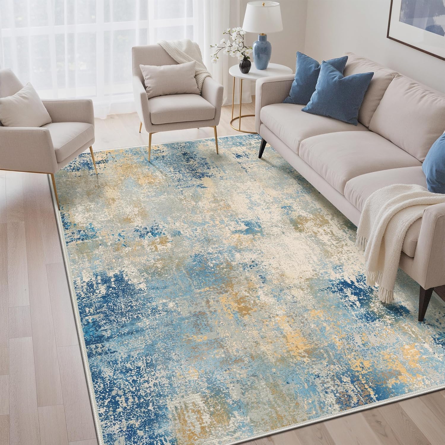 Tapis bleu et beige 200 x 250 cm style abstrait moderne pour grand salon