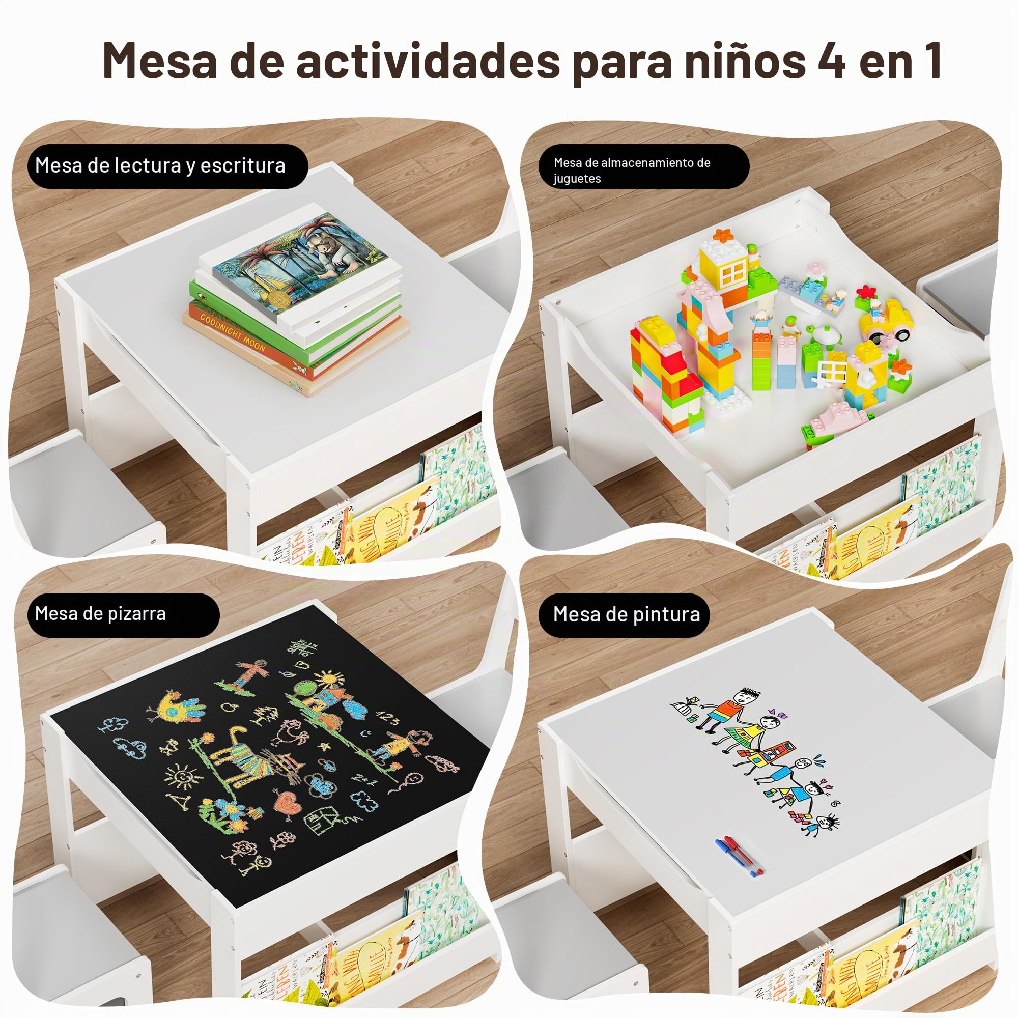 Xbro Mesa y Sillas Infantiles, Mesa con Pizarra y 2 Sillas, Niños Mesa con Reversible, Set de Muebles Infantil, Gris.