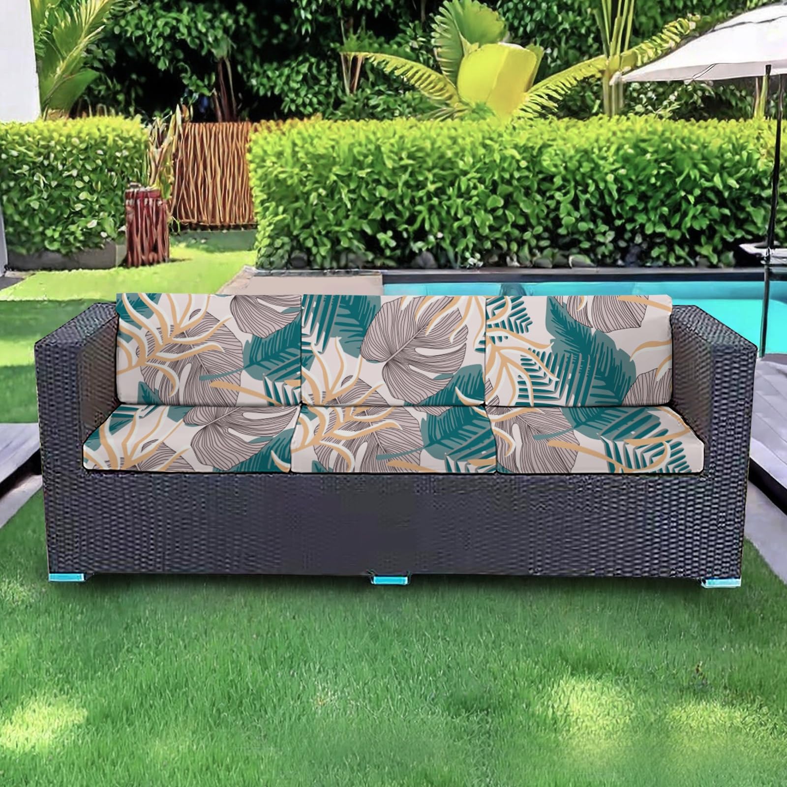 Highdi Outdoor Cushions Cover, Elastic Patio Garden Cushions Covers Vintage Floral Print Garden Furniture Pad Slipcovers, Sofa Seat Pad Protector for L Shape/Corner (Green Grey Leaves 3,150-190cm)