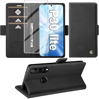 Giyer Cover per Huawei P30 Lite Custodia con Vetro Temperato, Premium Pelle PU Portafoglio Slot per Scheda RFID Antifurto Funzione Supporto Flip Case, Antiurto per Huawei P30 Lite 5G Cover (Nero)