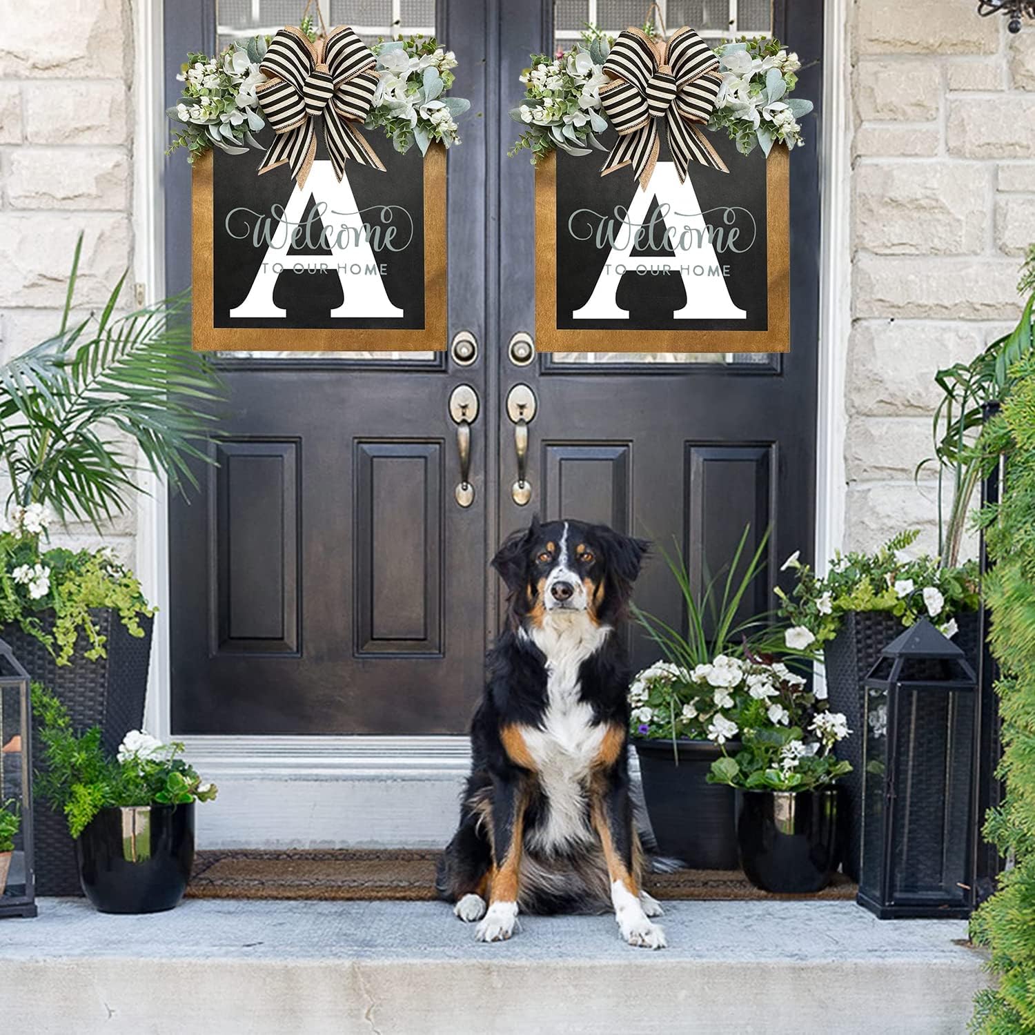 木製姓 通年 フロントドアリース 11.8インチ/15.7インチ 姓リース ホームデコレーション用ウェルカムサイン 26文字 ファー