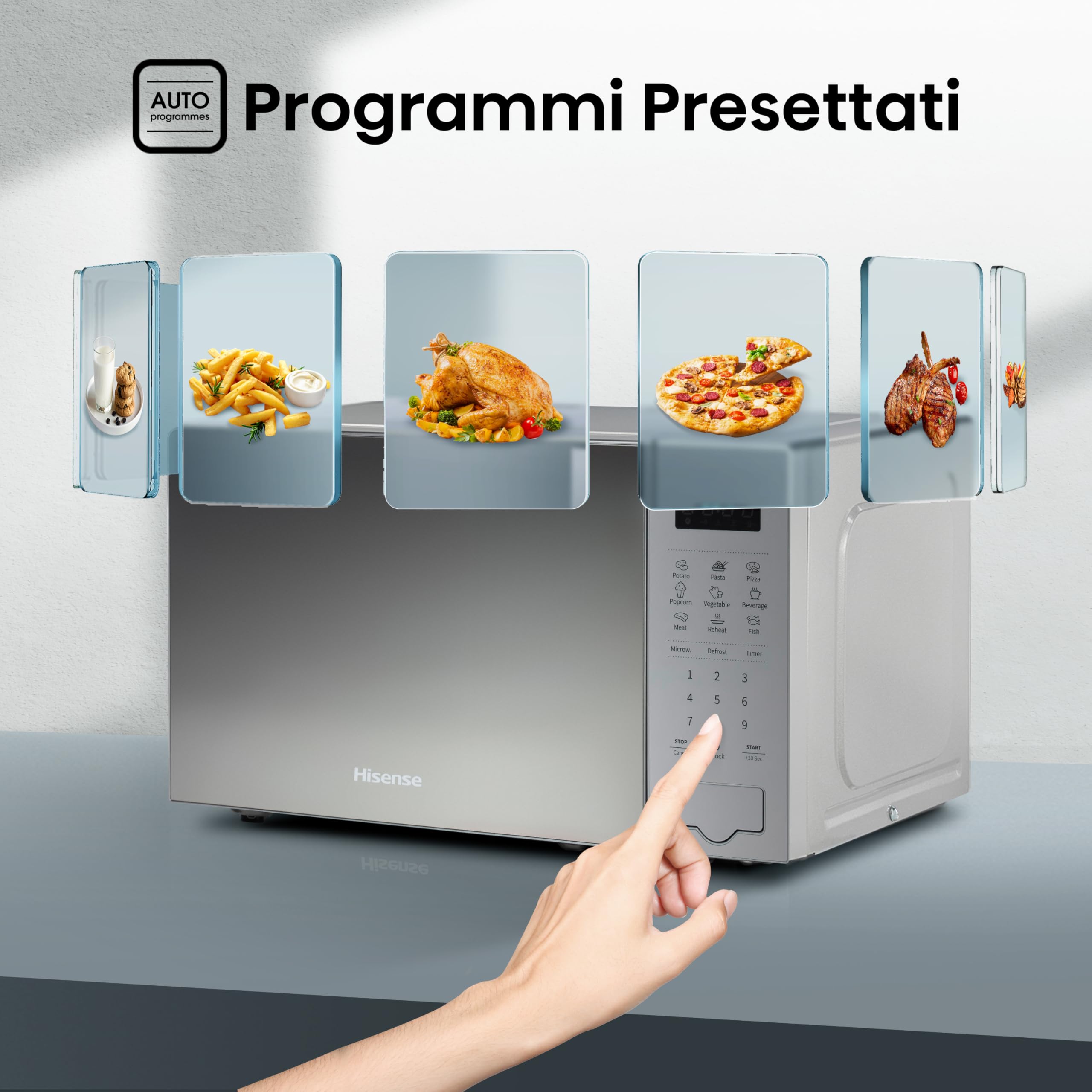 Hisense, H20MOMS4 - Forno microonde 20L, 700W, display LED con comandi touch, 6 funzioni, Colore specchio