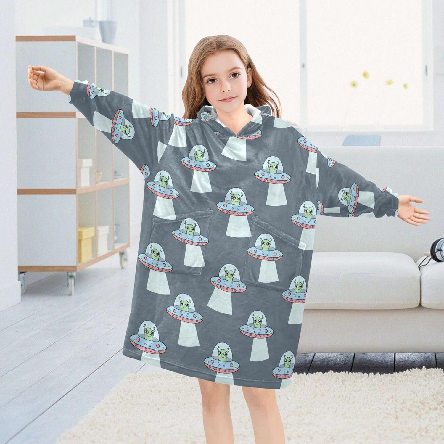 Cute Alien Ufo Kids Wearable Blanket Hoodie with Pocket and Sleeves for Toddlers, Cute Hoodies Girls Boys B0404032