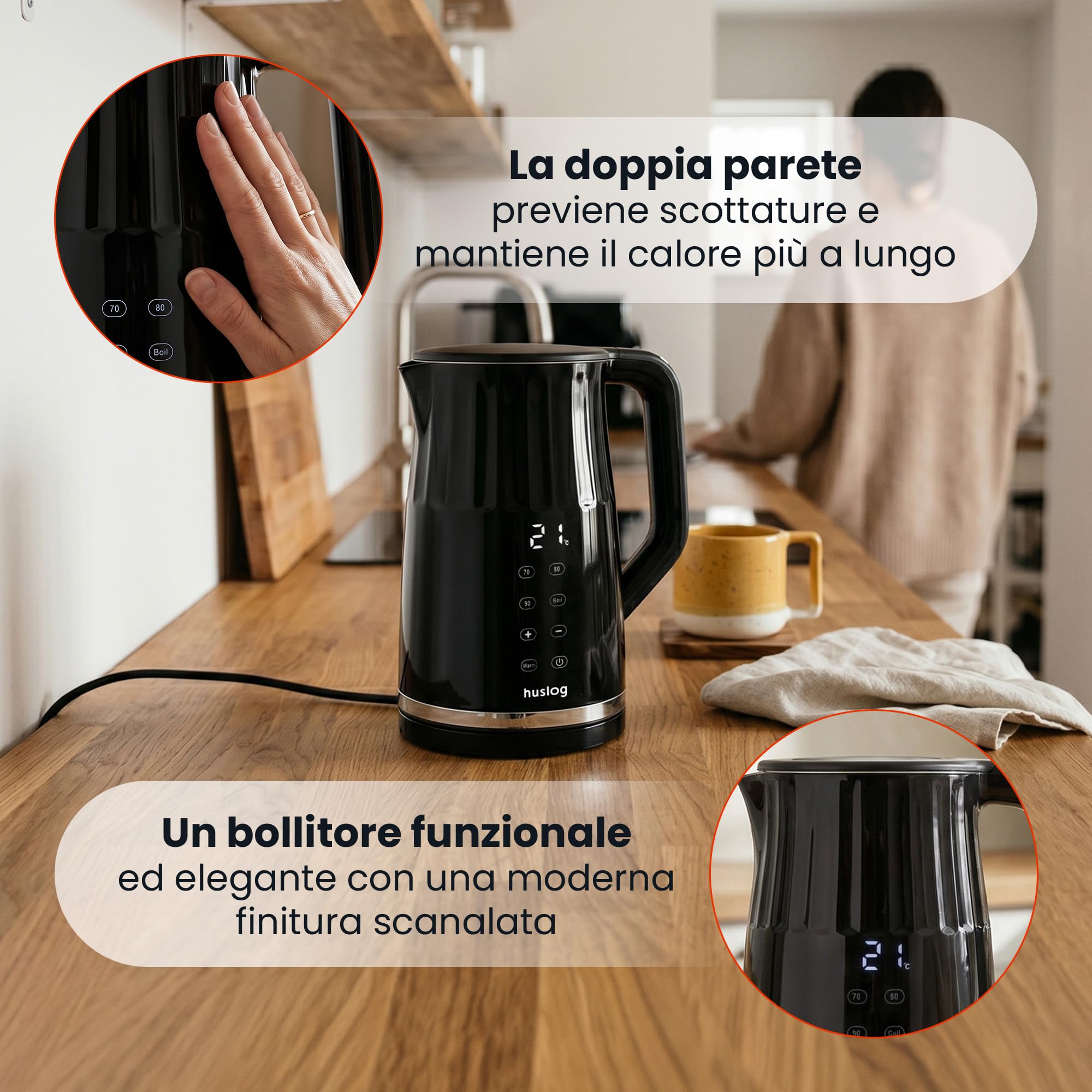 Bollitore elettrico da 1,7 l, 2200 W, con controllo della temperatura e pannello touch, design retrò, display LED, 4 programmi, 13 livelli, Keep Warm 2h, Cool Touch, acciaio inox 304, senza BPA