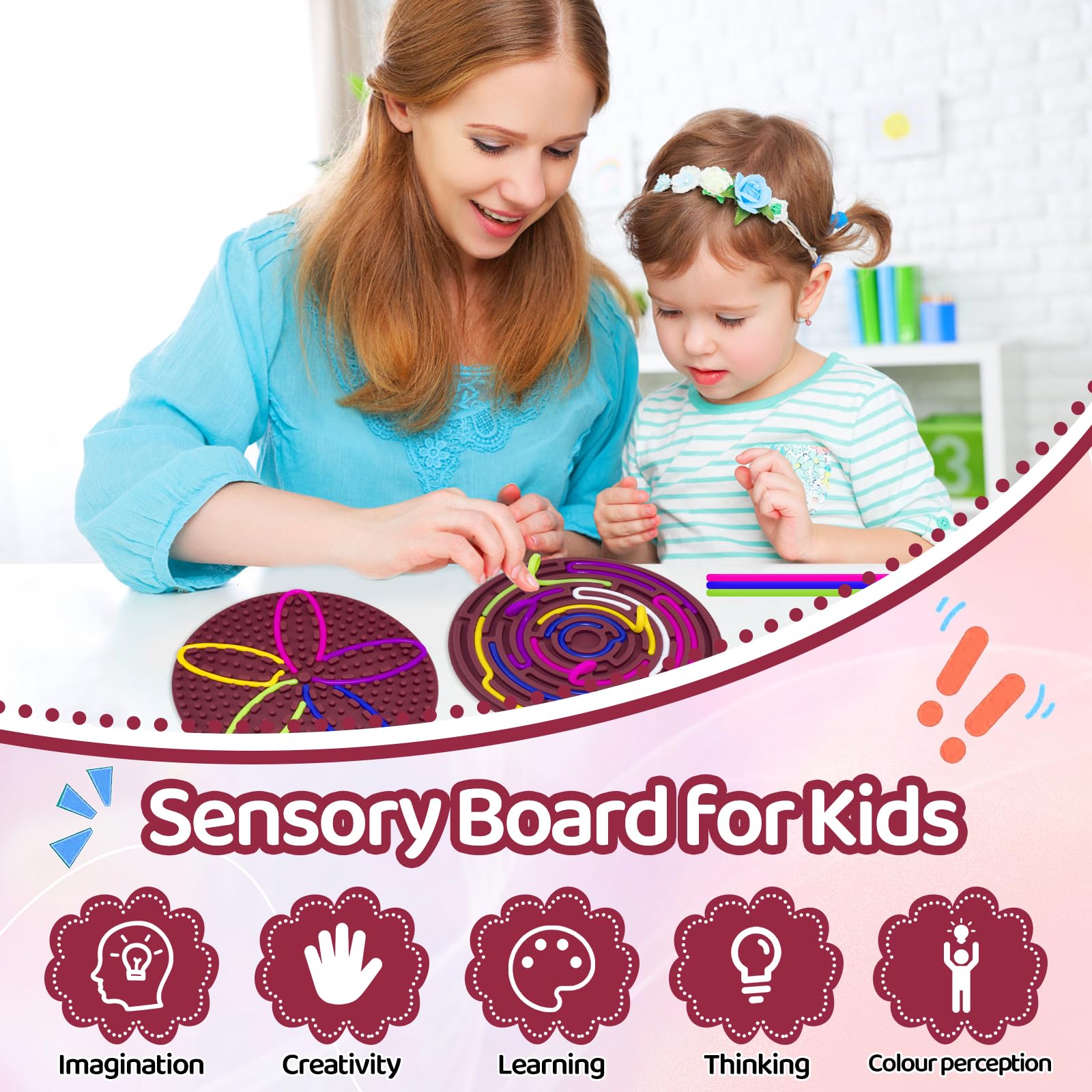 Sensorik Activity Board Aus Silikon – Doppelseitig, Mit 12 Sticks, Für ADHS, Autismus & Feinmotorik, Rosa