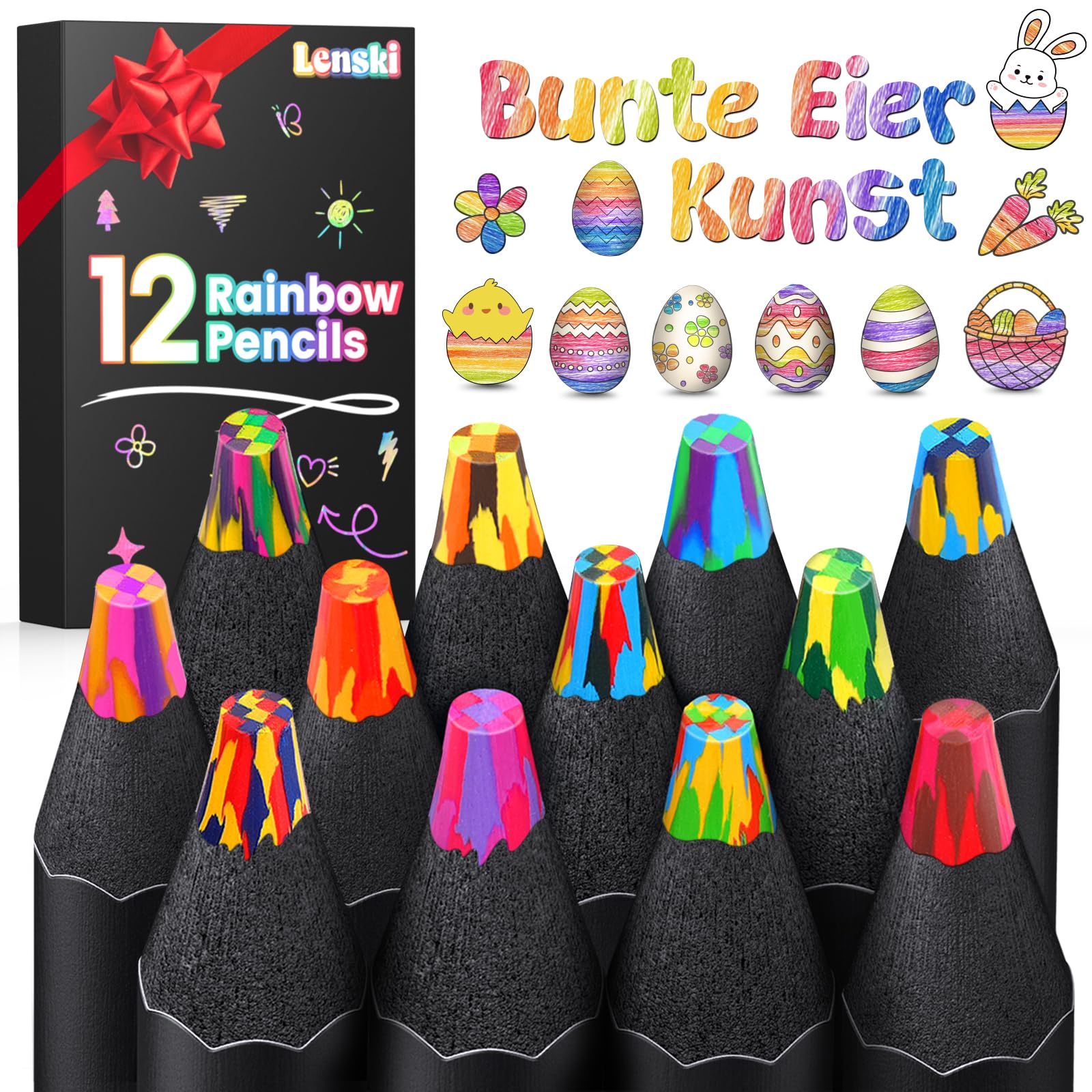 Lenski Ostergeschenke Kinder, Ostern Geschenke Kinder Ostern Basteln, Mitgebsel Kindergeburtstag, Geschenke für Mädchen 4-12 jahre, 12 Farben Regenbogenstift, Buntstifte Kinder Stifte