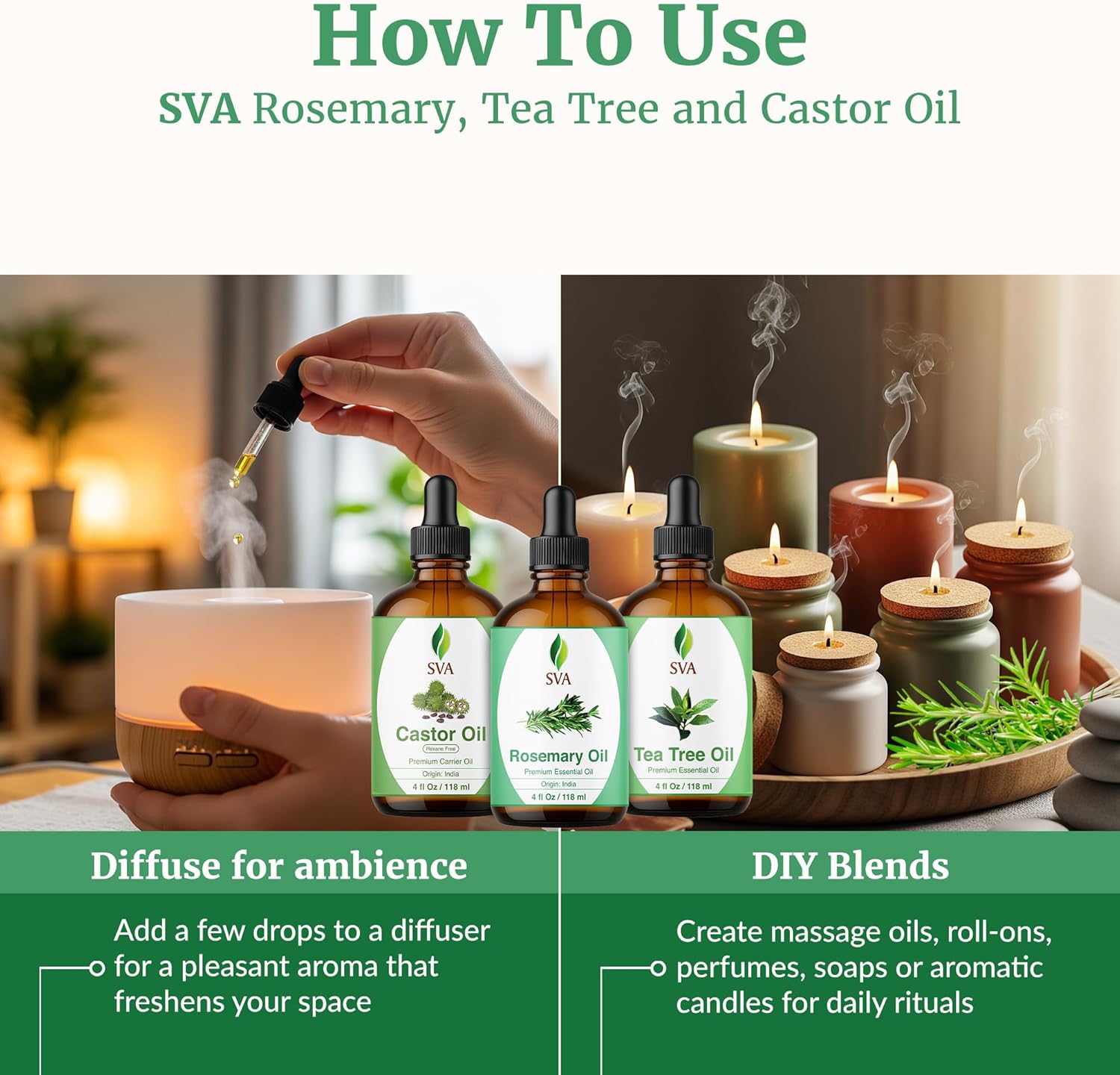 SVA Rosemary Essential Oil, Tea Tree Essential Oil and Castor Oil 4oz Bundle Super Saver Combo – Premium Grade Value Set for Hair Oiling, Scalp Massage, Hair Care, Skin Care and Body Massage