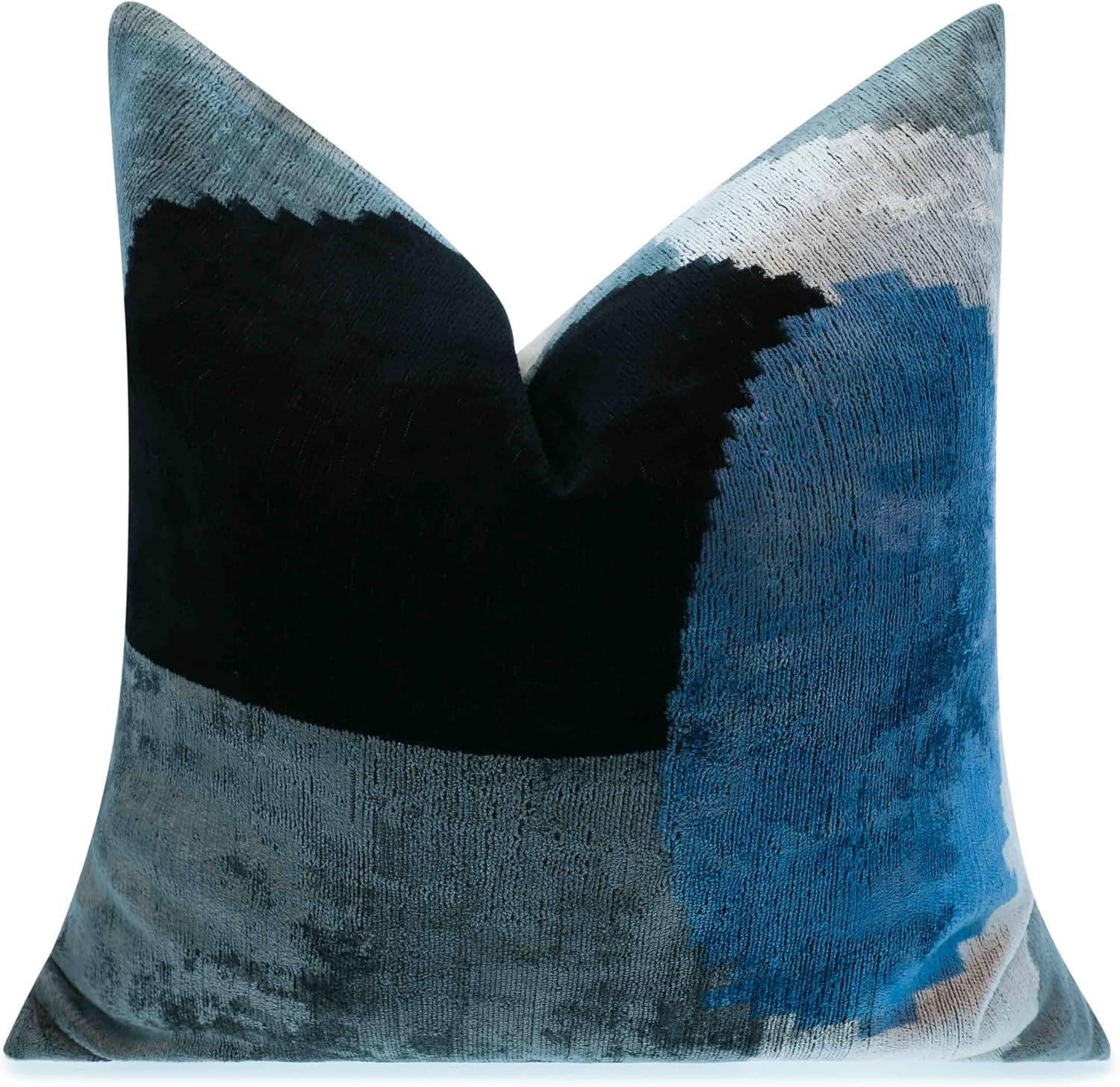 CANVELLO Handmade Velvet Throw Pillow with Blue and Black Modern Abstract Design, 20x20 Inch Decorative Accent with Premium Down Feather Insert for Sofas and Couches