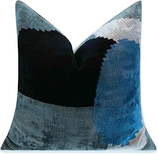 CANVELLO Handmade Velvet Throw Pillow with Blue and Black Modern Abstrac...