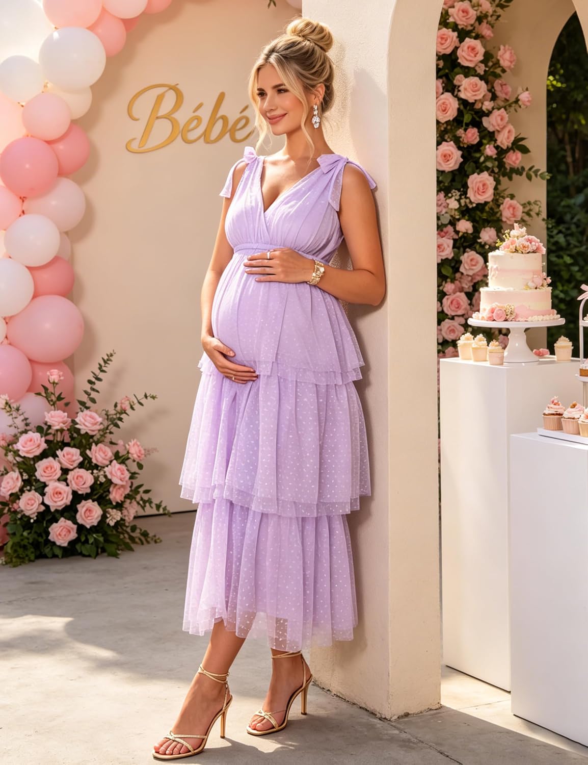 Maternity Midi Dress Dot Tulle V Neck Tiered Baby Shower Dress | Dot tulle maternity midi dress, tie shoulder bows, deep V neck, tiered layers, empire waist for shower, shoot & wedding guest