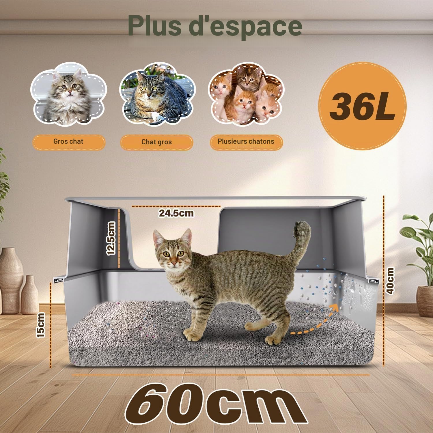 Litière pour chat en acier inoxydable - 60 x 40 x 30 cm - Avec tapis de litière et pelle à litière - Ne colle pas aux résidus et ne tire pas les odeurs