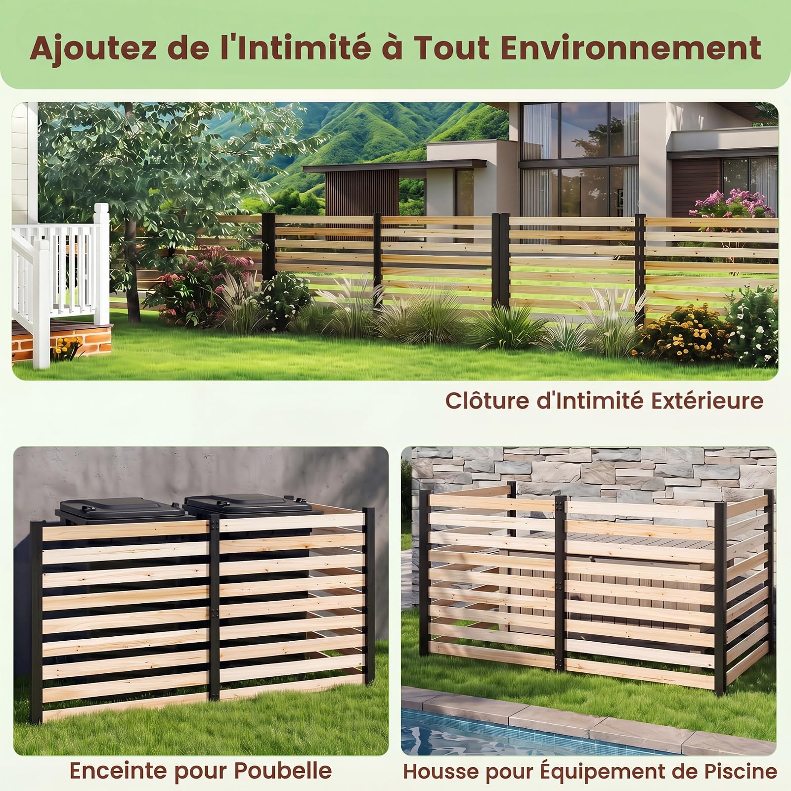 GYMAX 3 Pièces Panneau Brise Vue Exterieur en Bois, 98 x 107 cm