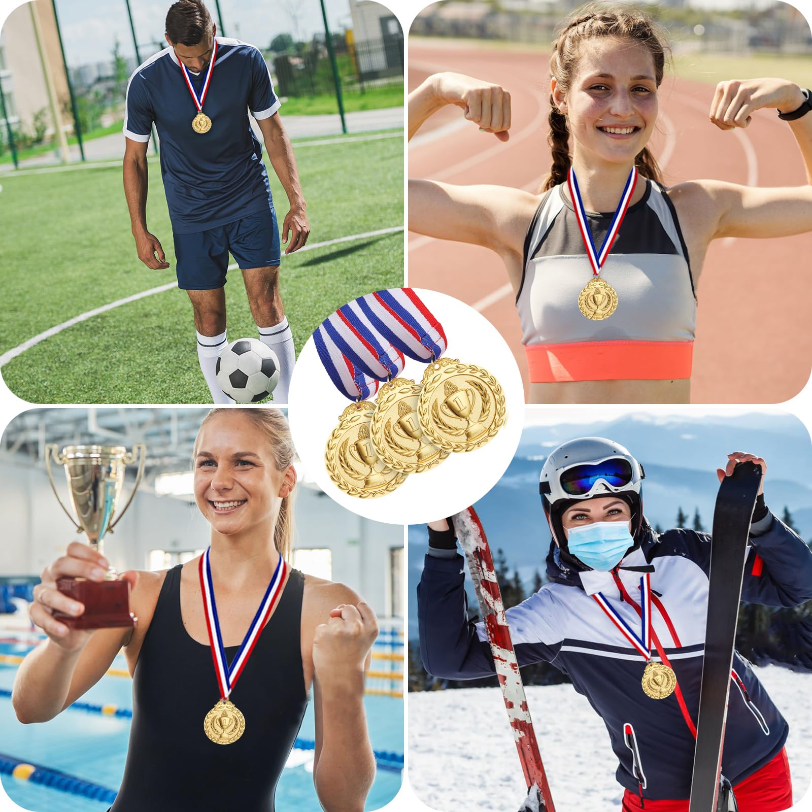 Hianjoo 12 sztuk złotych medali z kołnierzami, medal dla dzieci do meczu piłki nożnej, medale zwycięzców sportu, klubu piłkarskiego, metalowe medale (wersja pochodnia)
