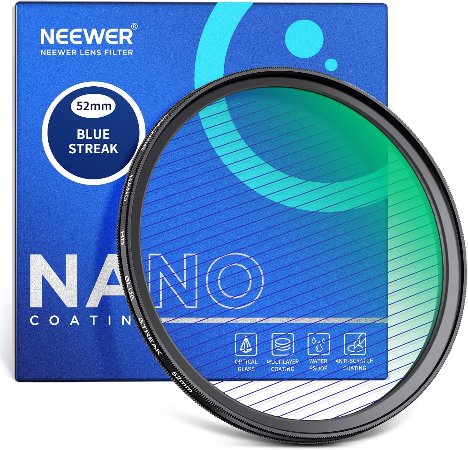 NEEWER 52mm Blue Streak Filter, HD Optical Glass 360° Rotatable Anamorphic Flare Special Effects Lens Filter, 28 Layer Multi Resistant Coated Aluminum Alloy Frame