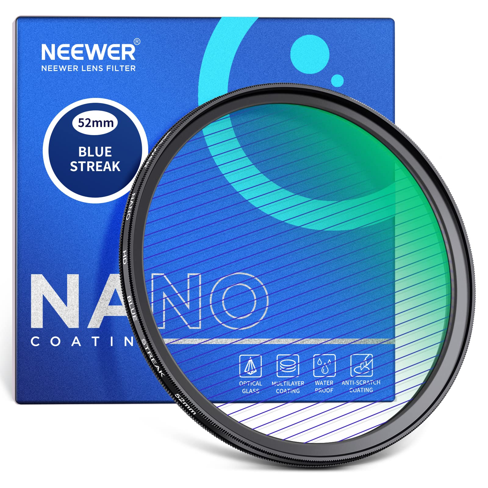 NEEWER 52mm Blue Streak Filter, HD Optical Glass 360掳 Rotatable Anamorphic Flare Special Effects Lens Filter, 28 Layer Multi Resistant Coated Aluminum
