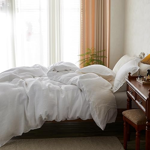 Miniatura 7 de Simple&amp;Opulence Juego de funda de edredón 100% lino lavado de 78 x 86 pulgadas, juego de edredón suave de 3 piezas, doble bordado con cierre de