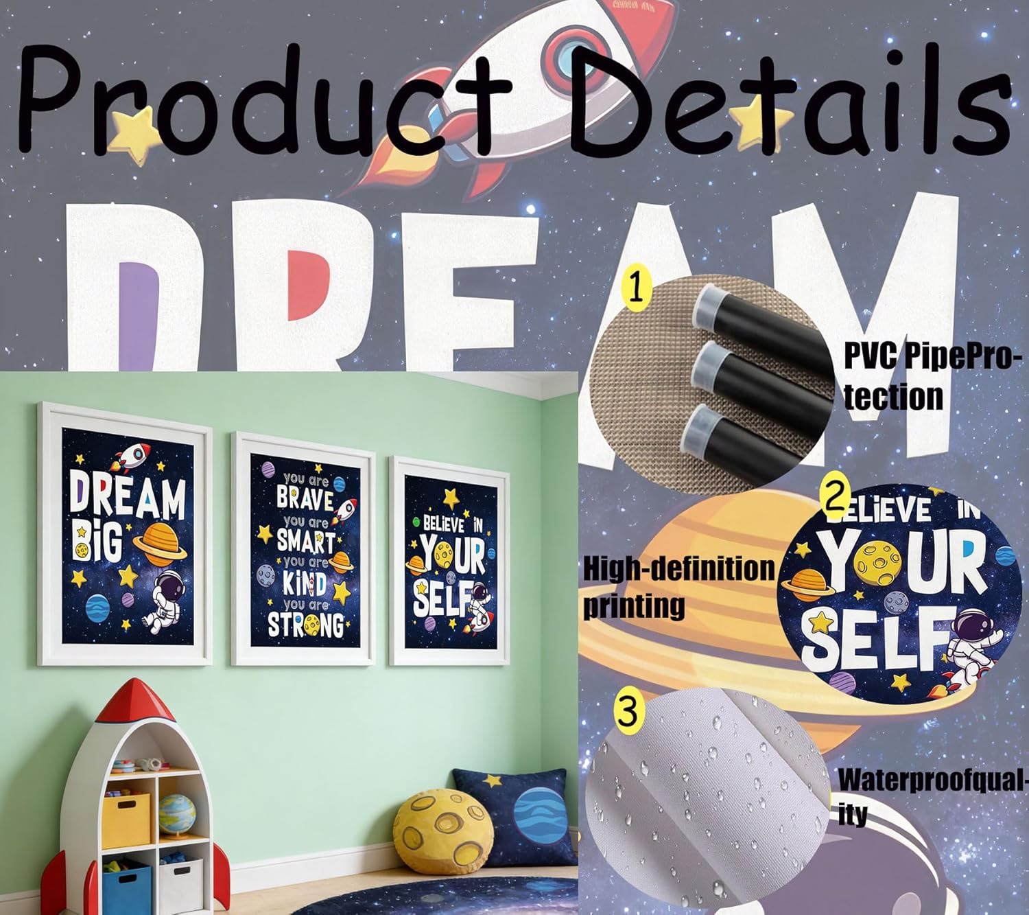 3Pcs Inspirational Space Astronaut Kids Poster Wall Art, Inspirational Quotes Painting Picture Wall Decor, Boys Positive Affirmative Poster Print Artwork for Playroom, Classroom, 16x24in Unframed