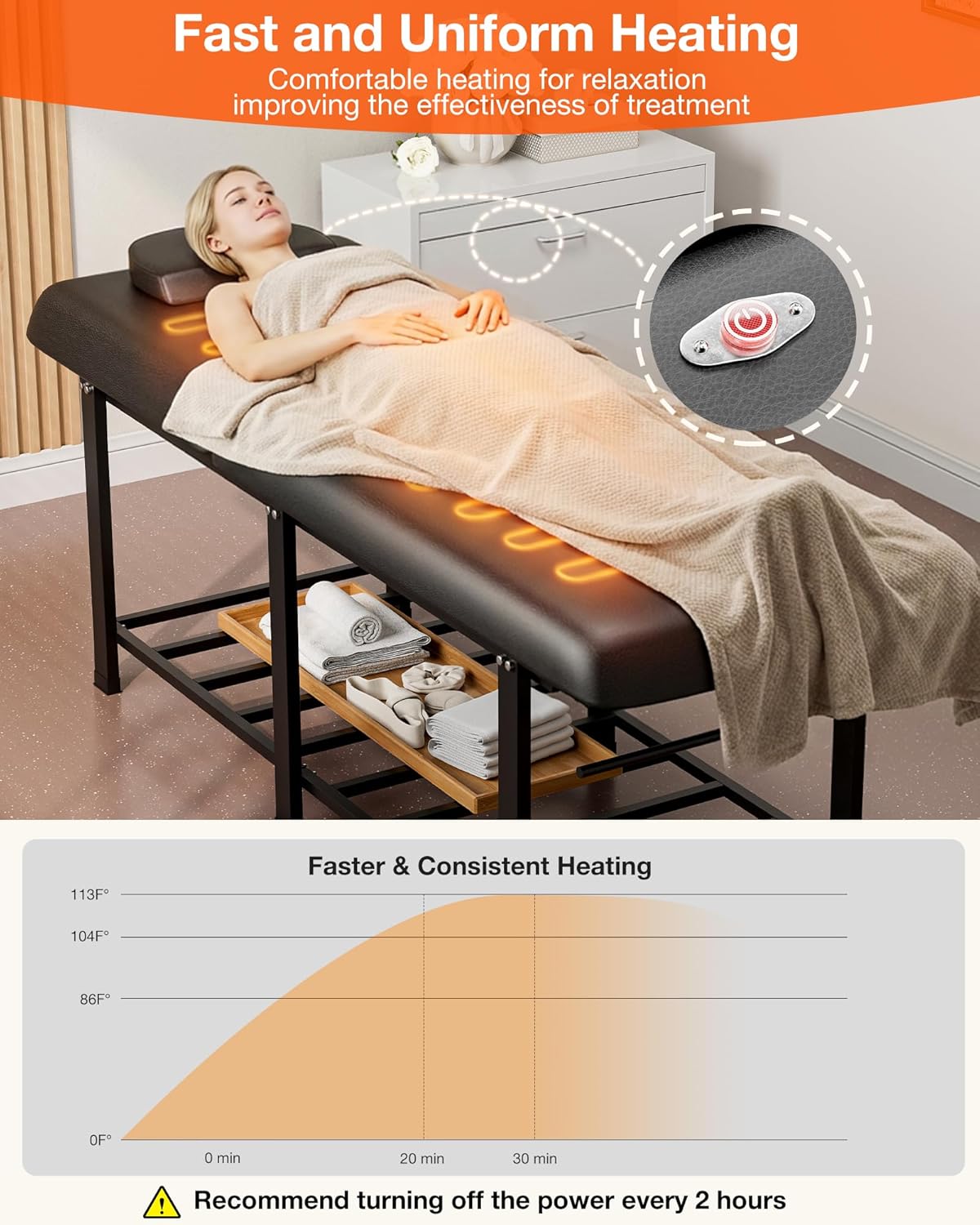 VARONXE Professional Heated Massage Table with Integrated Heating, 0-70° Adjustable Backrest Spa Bed, Thermal Top Stationary Physical Therapy Bed Exam Table, Black