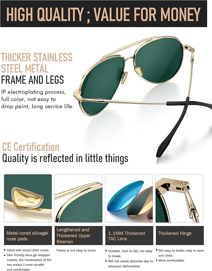 LUENX Aviator Sunglasses UV400 protection non-polarized lenses – Block 100% of UVB and UVA rays