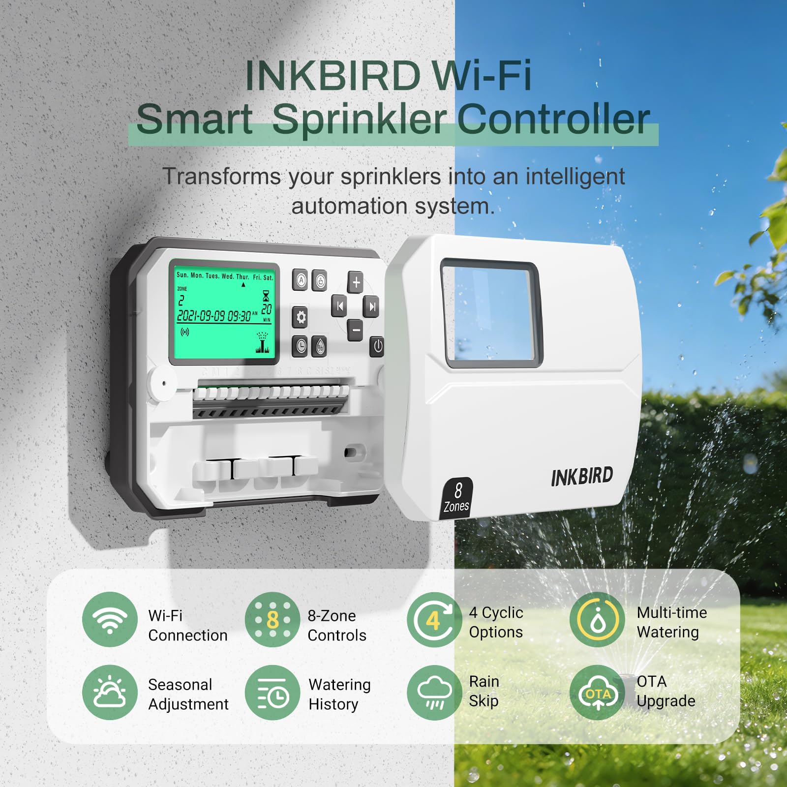 Inkbird IIC-800 Programador Riego WiFi 8 Zonas,controlador de Riego Automatico, Memoria Incorporada No Volátil,Manual y Automático Soporte,Bypass de Lluvia,Compatible Actualizaciones OTA