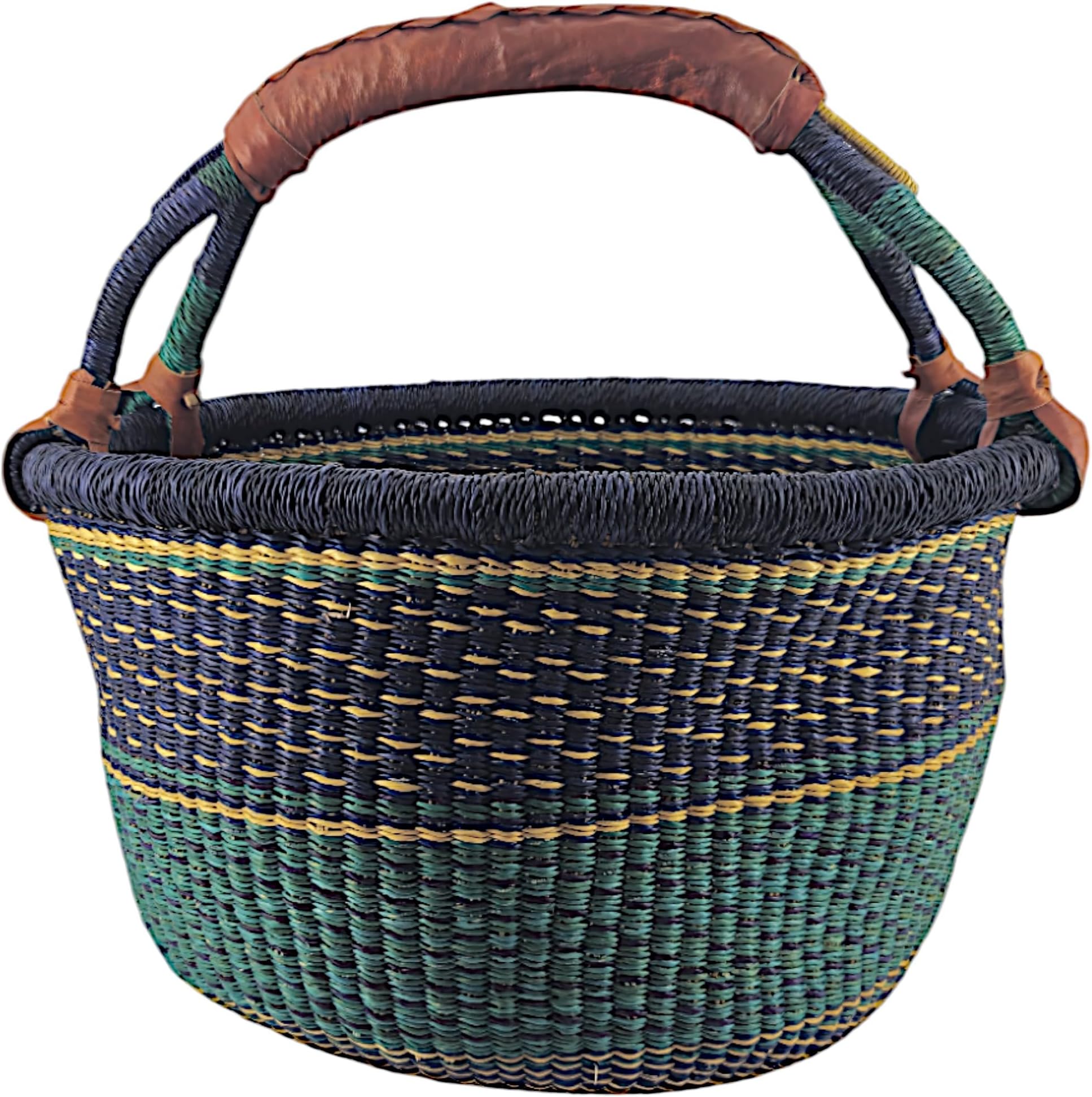 Large Bolga Round Basket Original Africa Ghana Shopping Basket Leather Handle Blue Turquoise