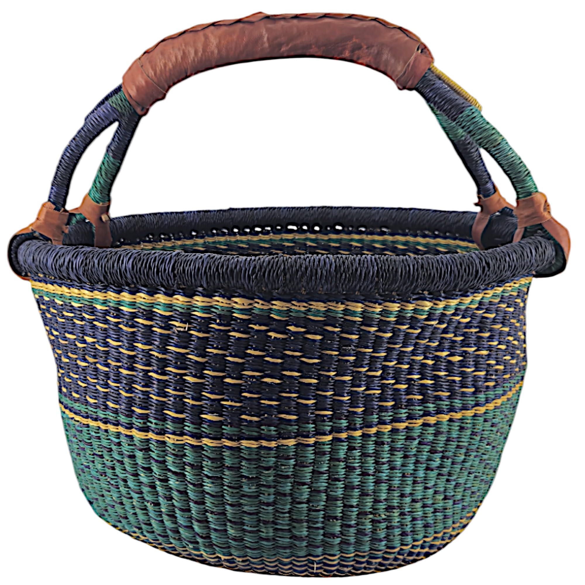 Large Bolga Round Basket Original Africa Ghana Shopping Basket Leather Handle Blue Turquoise