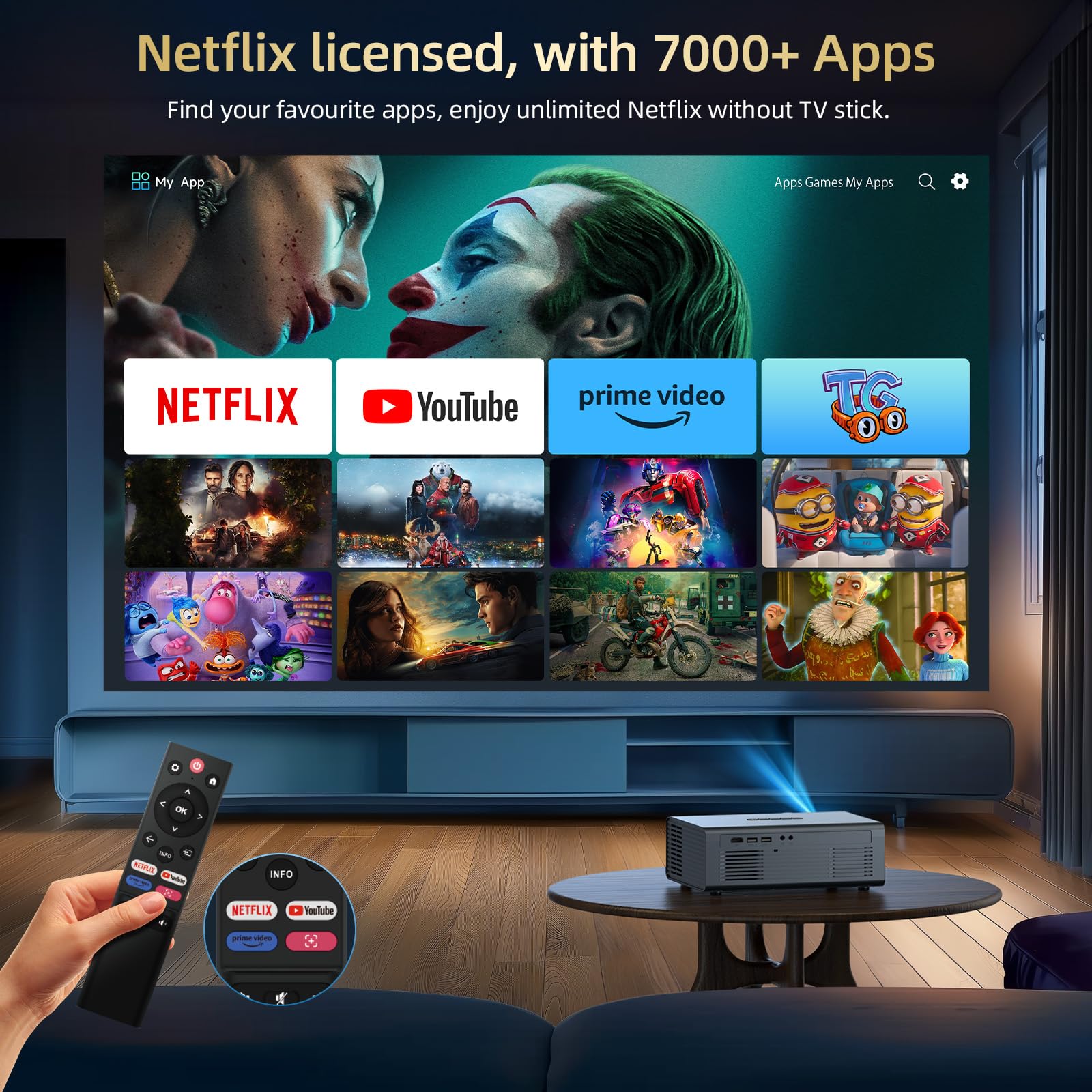 [Netflix Officially & Dolby Audio] Smart Projector with WiFi6 and Bluetooth5.3, Electric Focus & Auto Keystone 4K Support, High Brightness Movie Projectors, Native 1080P Proyector Built-in Apps