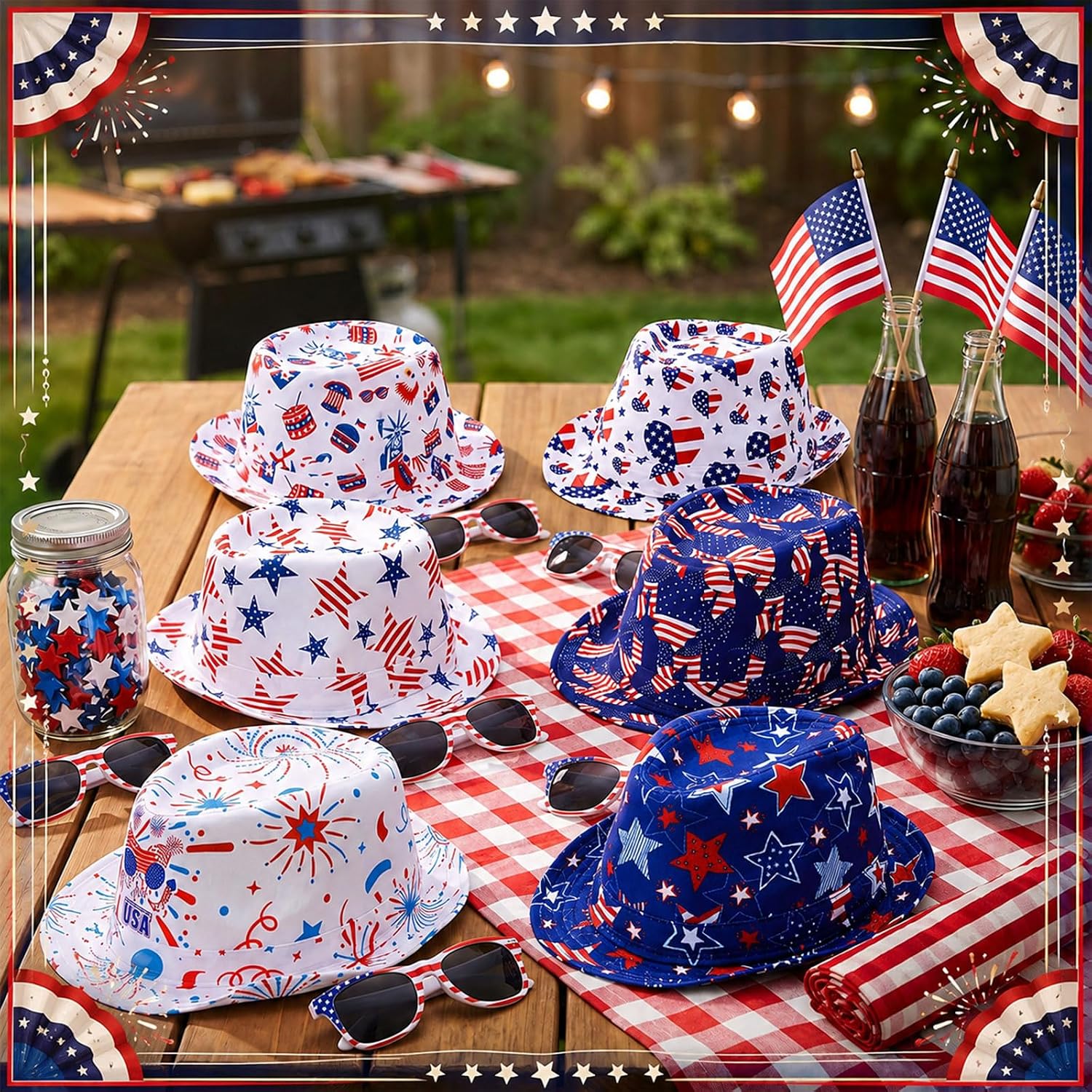 Chicingyou 24 Pcs 4th of July Accessories American Flag Hats Patriotic Sunglasses Bulk USA Patriotic Red White Blue Hats