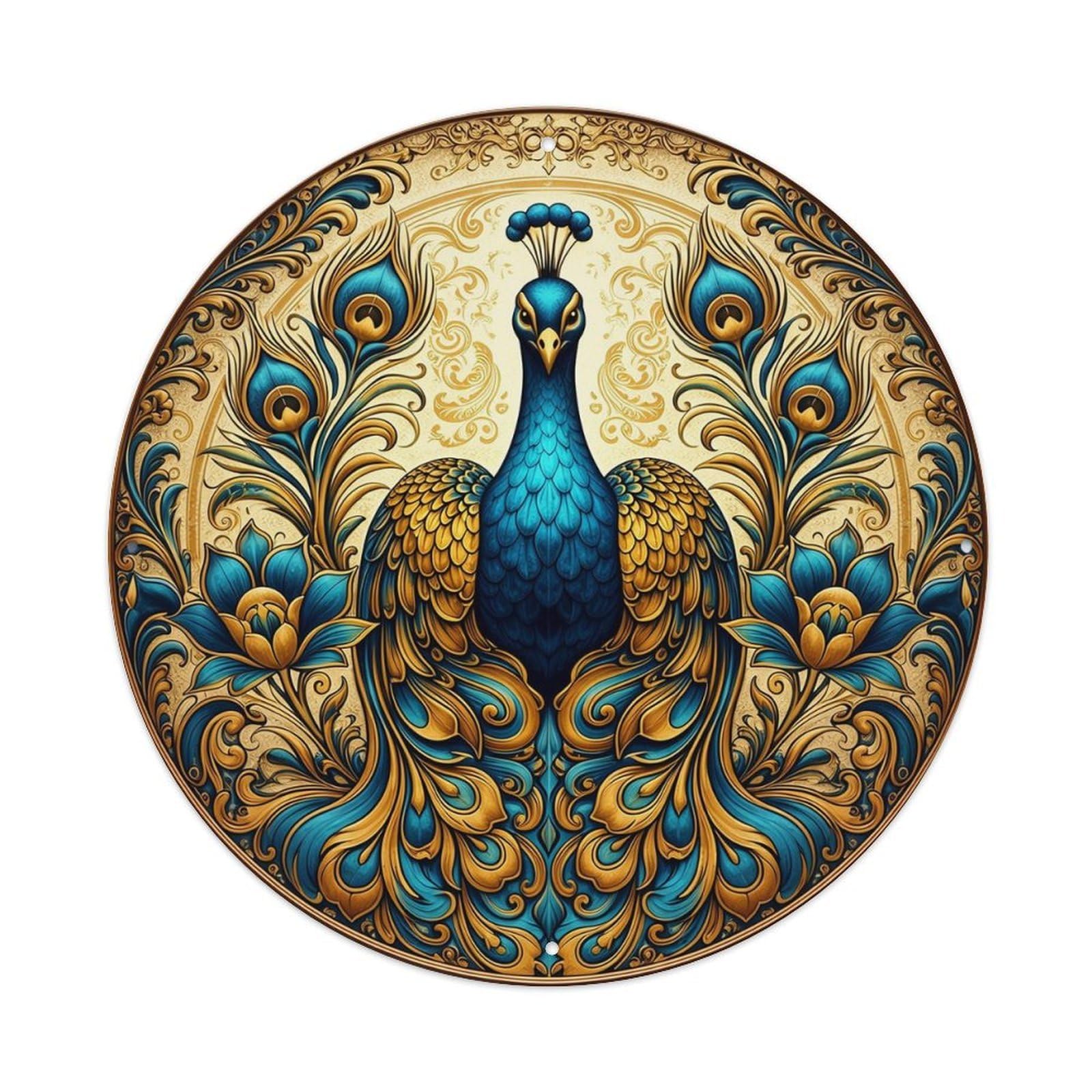 Peacock Ornate Gold Blue Floral Vintage Round Tin Sign Retro Metal Wall Decor Metal Poster, Home Bar Garage Cafe Wall Art Decoration 8x8Inches