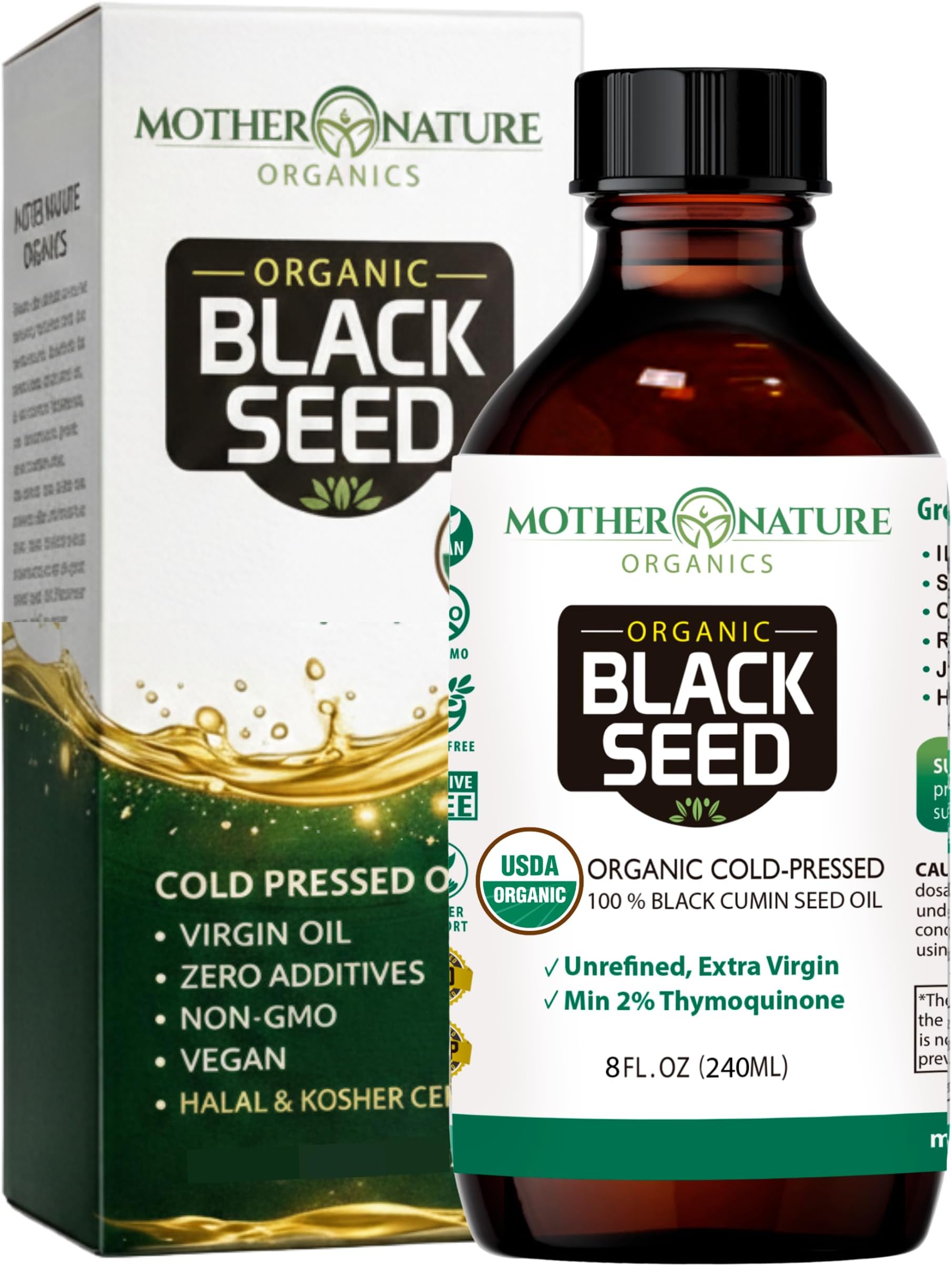 Mother Nature USDA Organic Black Seed Oil, High TQ 2%, Cold Pressed, Unrefined Nigella Sativa, Omega 3 6 9 for Immune, Joint & Heart Support, Hair & Skin, Non-GMO, Glass Bottle (8oz)