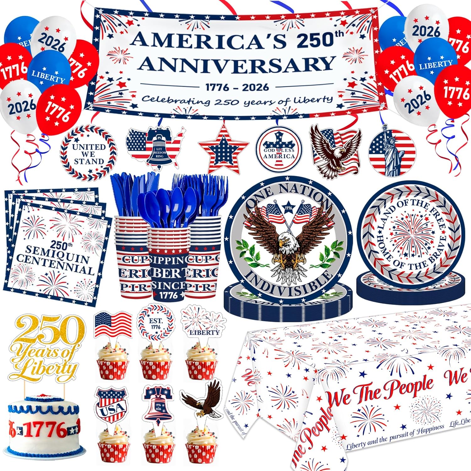 USA 250th Anniversary 4th of July Decorations 201Pcs Patriotic Party Supplies, Red White and Blue Banner Tablecloth Plates Napkins Cups Balloons Cutlery Independence Memorial Day Serves 24