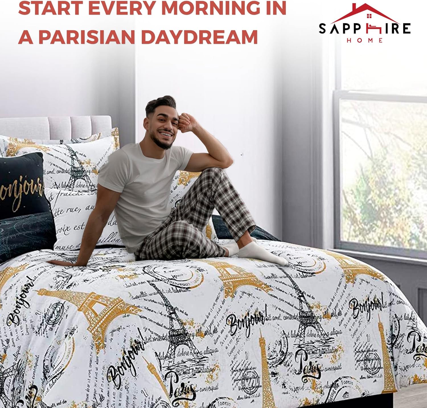 Sapphire Home Queen Size Paris Comforter Set in a Bag - 7 Piece Paris Bedroom Comforter Set with Shams, Bedskirt Cushions, Eiffel Tower Bedding for Chic & Stylish Bedroom Decor- Black, White, and Gold