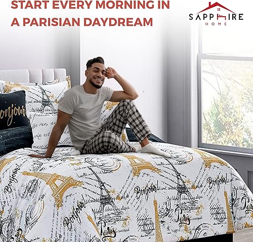 Miniatura 7 de Sapphire Home Juego de edredón de París tamaño California King en una bolsa, juego de edredón de 7 piezas con fundas, cojines de falda de cama, ropa