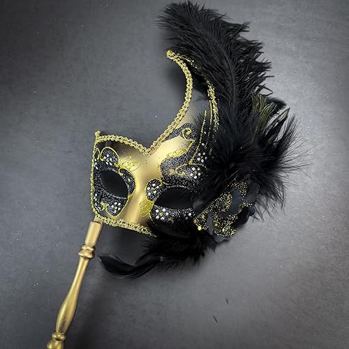 Miniatura 3 de Holding Stick - Máscara de plumas con palo de Mardi Gras, máscara de encaje para mujer, disfraz de plumas de pavo real, máscara veneciana