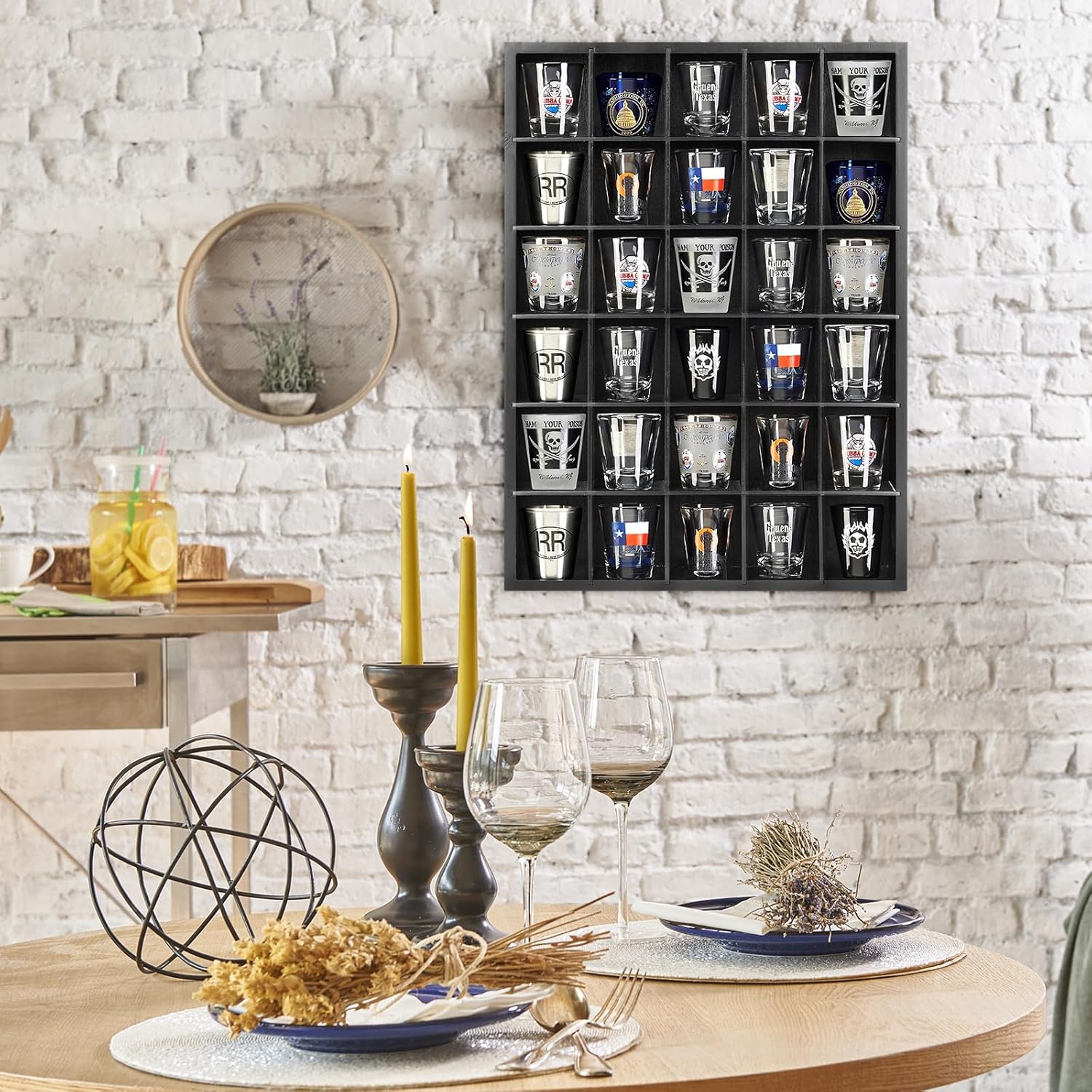 Shot Glass Display Case for Wall, Wood Holds Set of 30 Glasses Shot Glass Holder Display Shelf, 17'' x 12''-3'' x 2''Removable partition (Black, 1PCS)