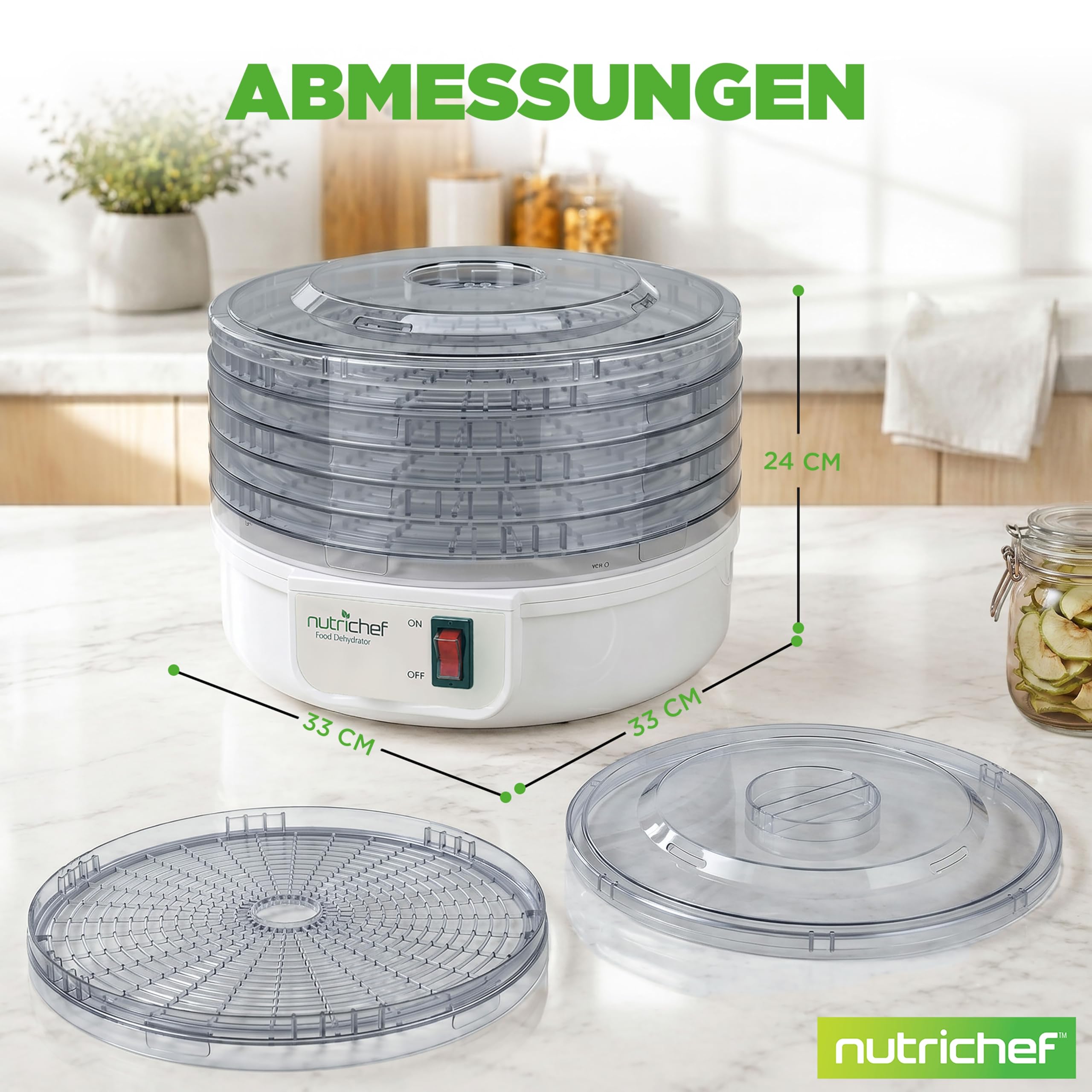 Nutrichef Dörrautomat 5 Einschübe – Milchweiß BPA-freies Dörrgerät für Fleisch, Obst, Pilze & Gemüse, 82°C einstellbar, 600W Leistung, leise und leicht zu reinigen